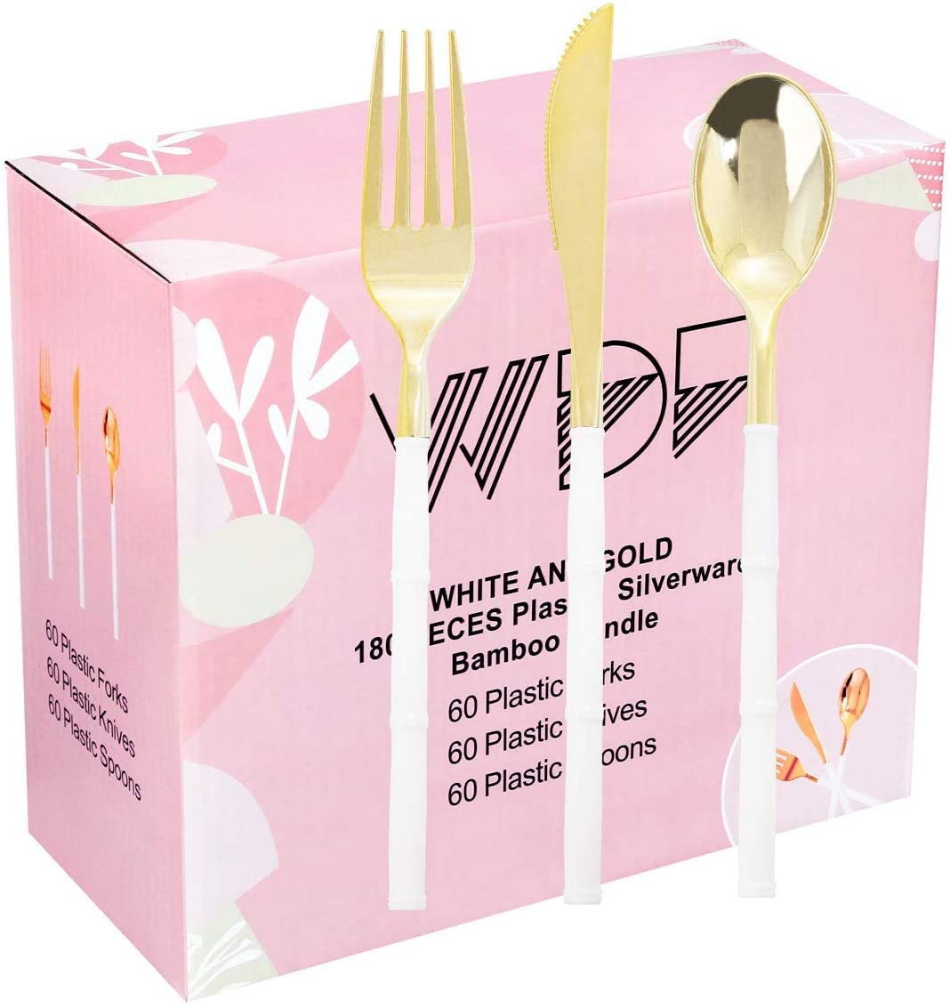180-Piece Gold Plastic Cutlery Set with 100 Clear Plastic Plates - Elegant Disposable Silverware for Parties, Weddings, and Events - Perfect for Catering, BBQs, and Special Occasions