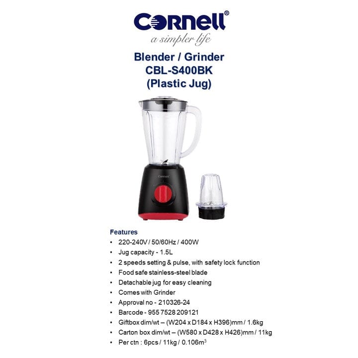 Cornell 1.5L 400W High-Speed Blender with Stainless Steel Blades - Perfect for Smoothies, Shakes, and Food Prep in Your Kitchen