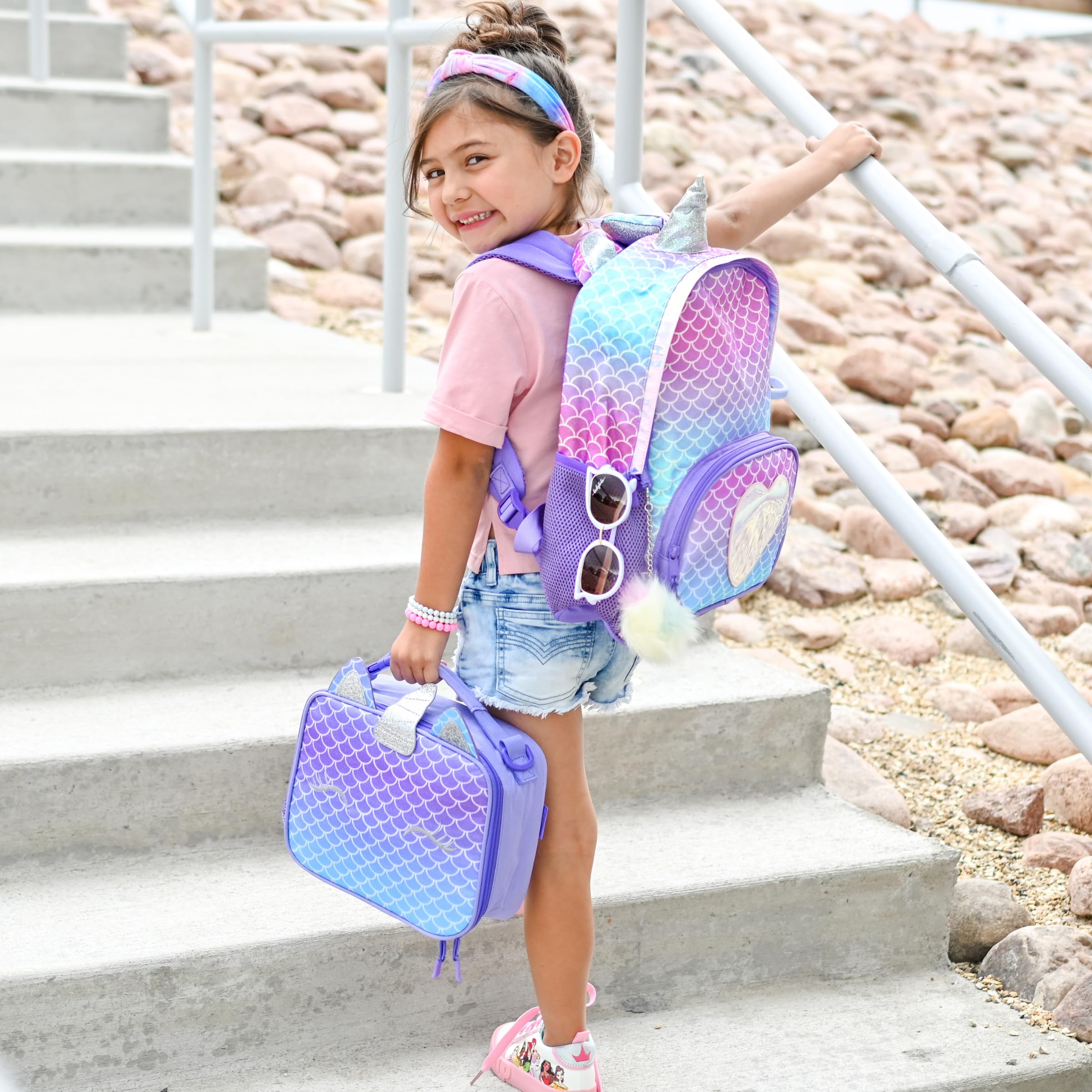 Mibasies Unicorn Backpack for Girls - Glitter Rainbow School Bookbag with Mermaid Design, Durable Kids Backpack for Elementary School, Travel & Daily Use (Purple)