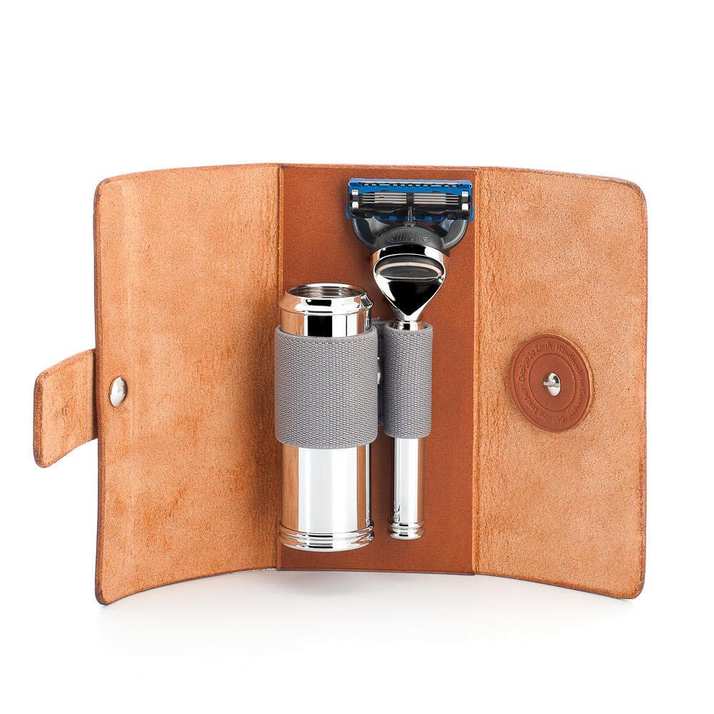 MÜHLE TRAVEL Vegetable-Tanned Cowhide Shaving Kit - 5-Blade Safety Razor & Travel Shaving Brush Set for Men - Perfect for Business Trips, Camping & Grooming On The Go