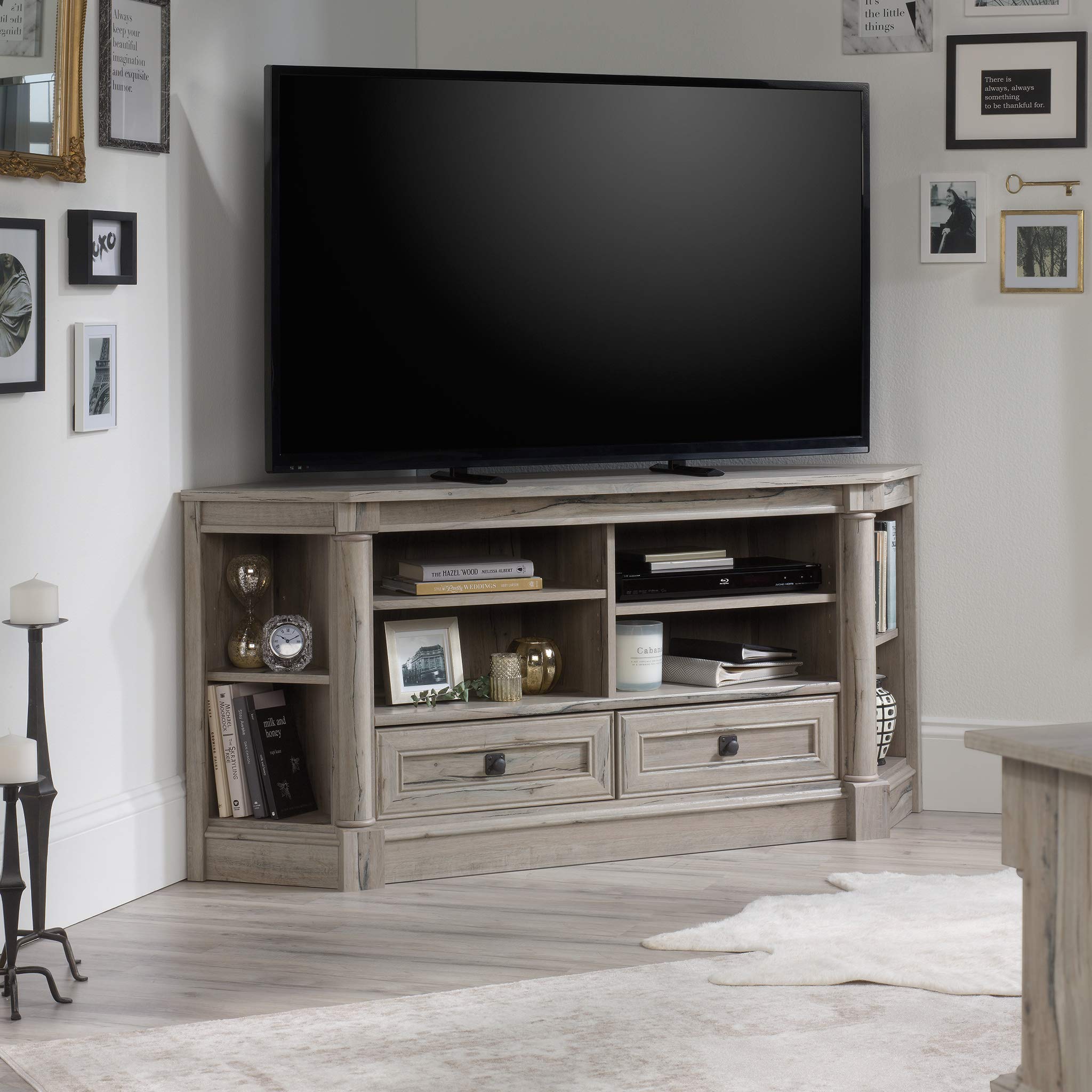 Sauder Palladia Corner TV Stand Console Entertainment Credenza in Split Oak Finish - Stylish Media Storage for Living Room, Bedroom & Home Theater