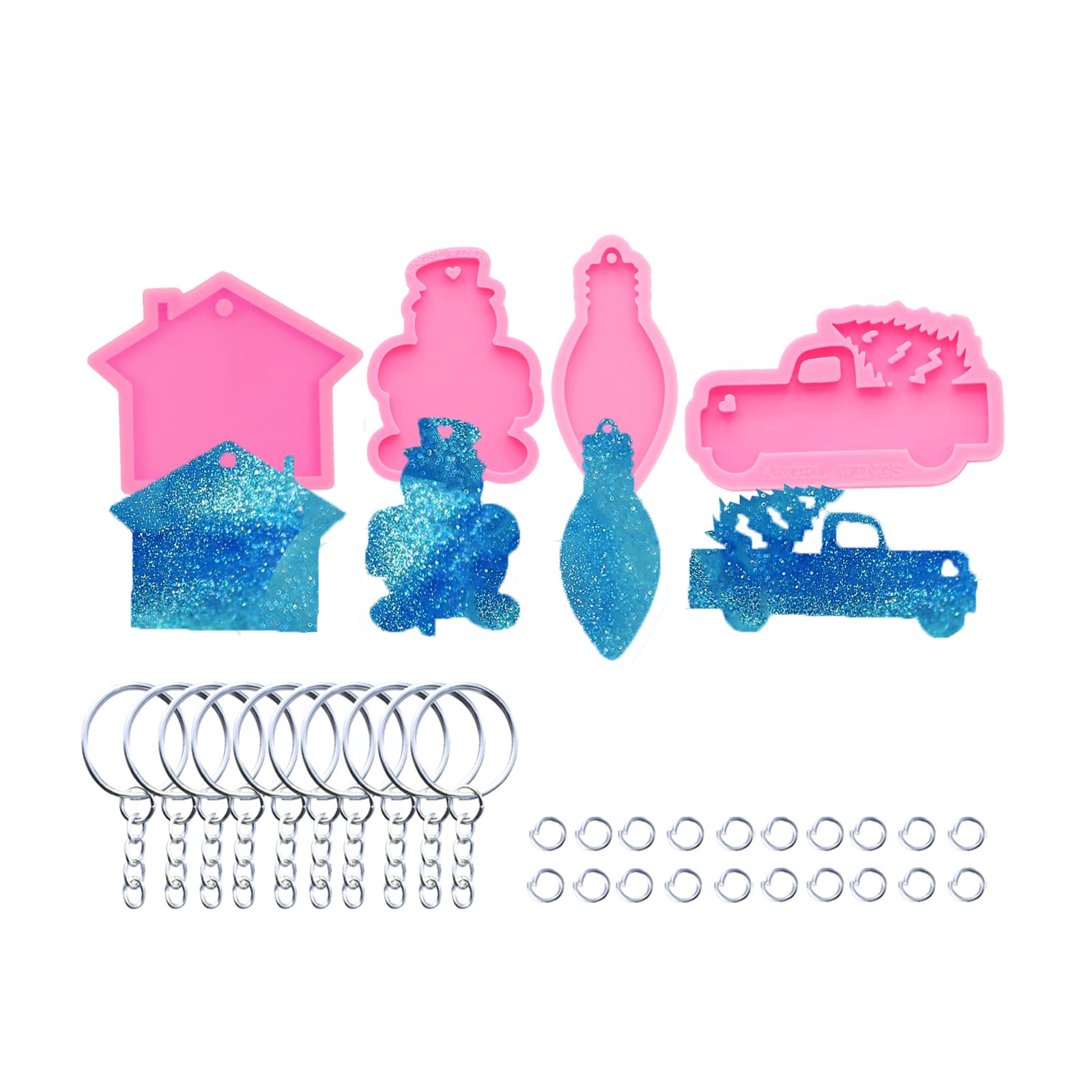 4-Piece Glossy Silicone Mold Set - Christmas House, Truck with Tree, Lights & Snowman Keychain Molds for Epoxy Resin DIY Crafts (Includes 10 Key Rings) - Perfect for Holiday Decorations, Gift Making & Resin Art Projects