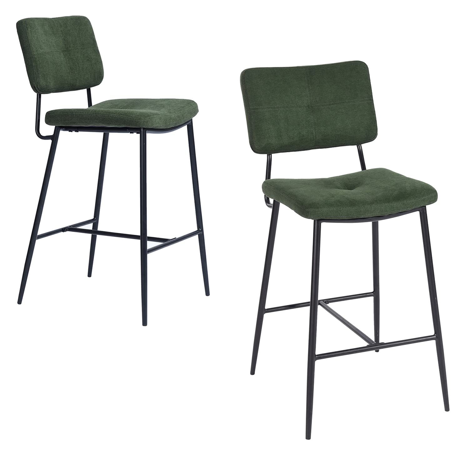 FurnitureR 27'' Counter Height Bar Stools Set of 2 - Indoor/Outdoor Metal Frame Kitchen Island Stools with Fabric Upholstery, Green - Perfect for Home Bars, Patios & Breakfast Nooks