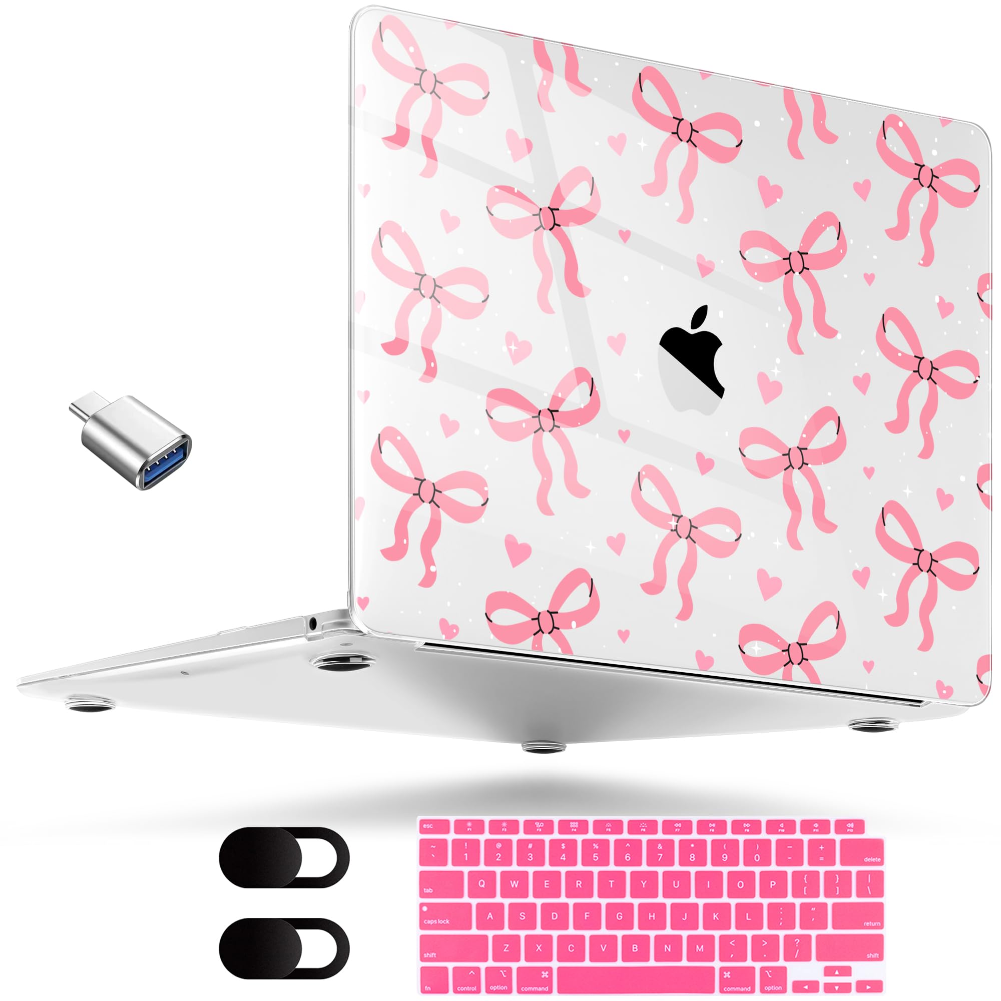 MEEgoodo Crystal Clear Hard Shell Case for MacBook Pro 13 inch (M2/M1, A2338/A2251/A2289, 2020-2022) - Flexible Plastic Protective Cover with Pink Bows | Perfect for Office, Travel & School Use