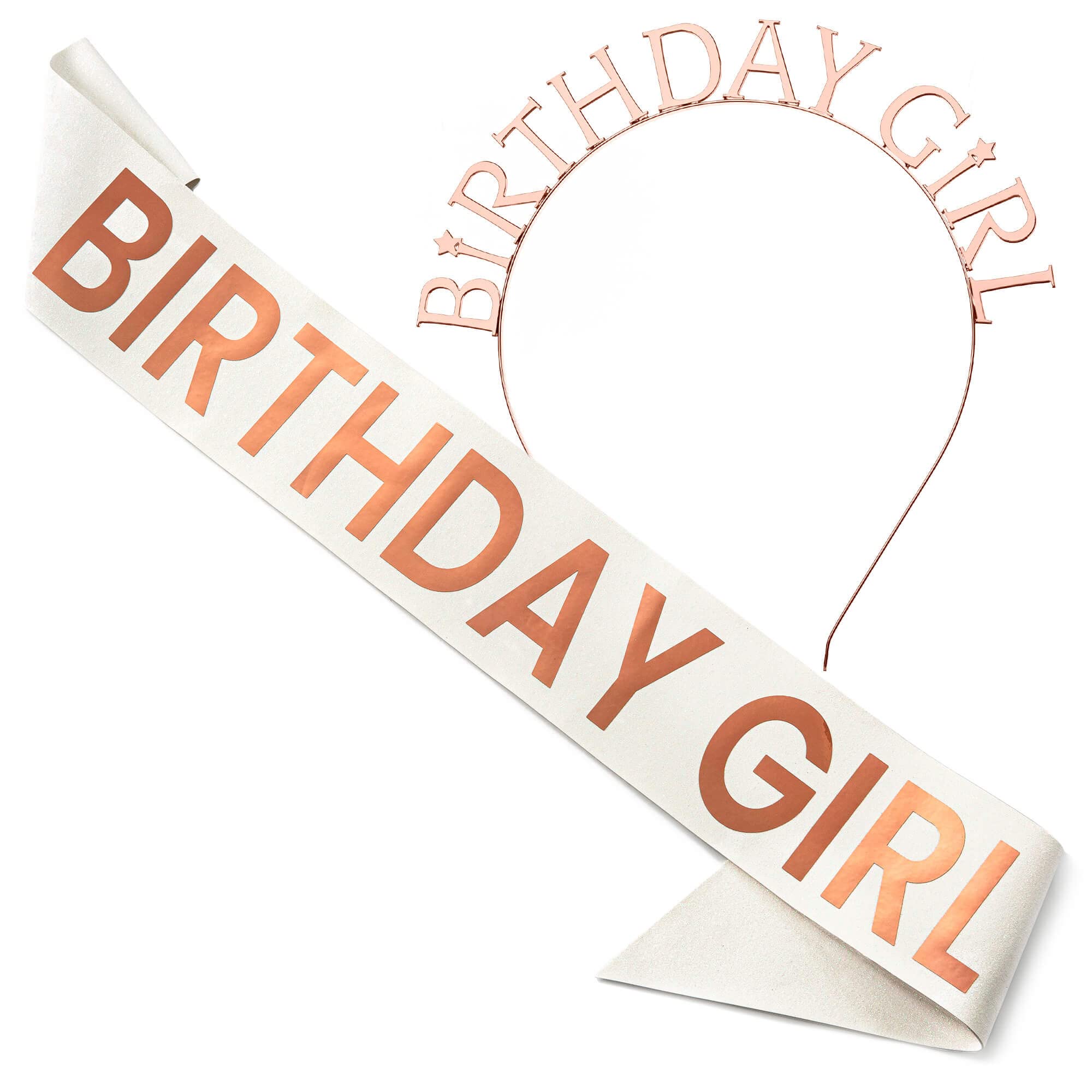 Birthday Girl Sash & Tiara Set - White Glitter with Rose Gold Foil - Women's Birthday Party Accessories for 18th 21st 30th 40th Bday - Perfect for Bachelorette, Bridal Showers & Birthday Celebrations