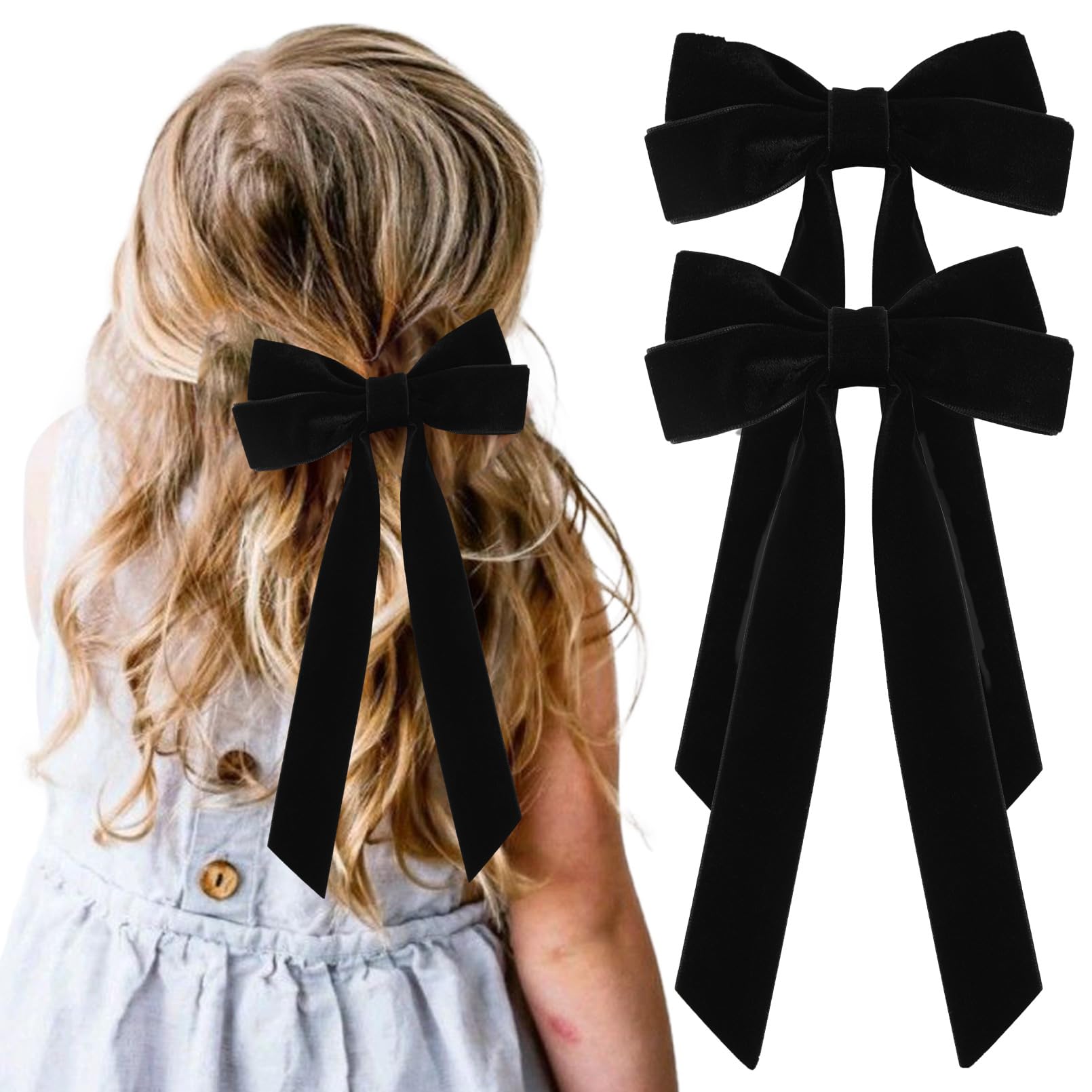 2PCS Black Velvet Hair Bows - Large Alligator Clips Hair Ribbon for Women, Girls, Toddlers & Kids | Perfect for Fall, Parties, Weddings & Everyday Hair Accessories