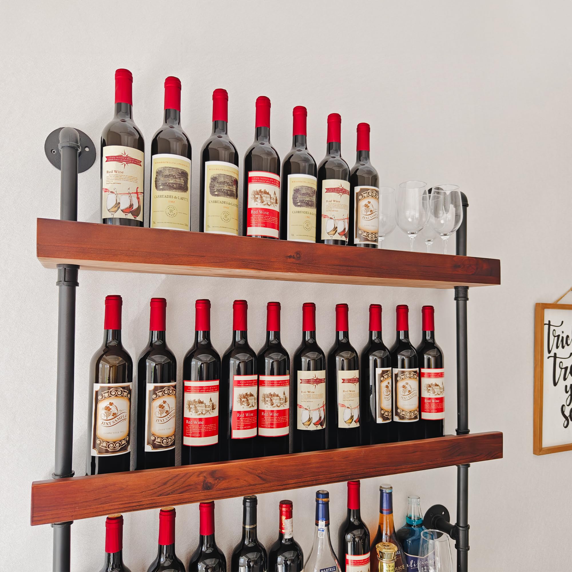 5-Tier Wall Mounted Wine Rack - Industrial Pipe Bar Shelf for Wine Bottle Storage, Rustic Brown Finish, 36.2x6.7x78.8 Inches - Perfect for Home Bar, Kitchen, Dining Room & Wine Cellar Organization