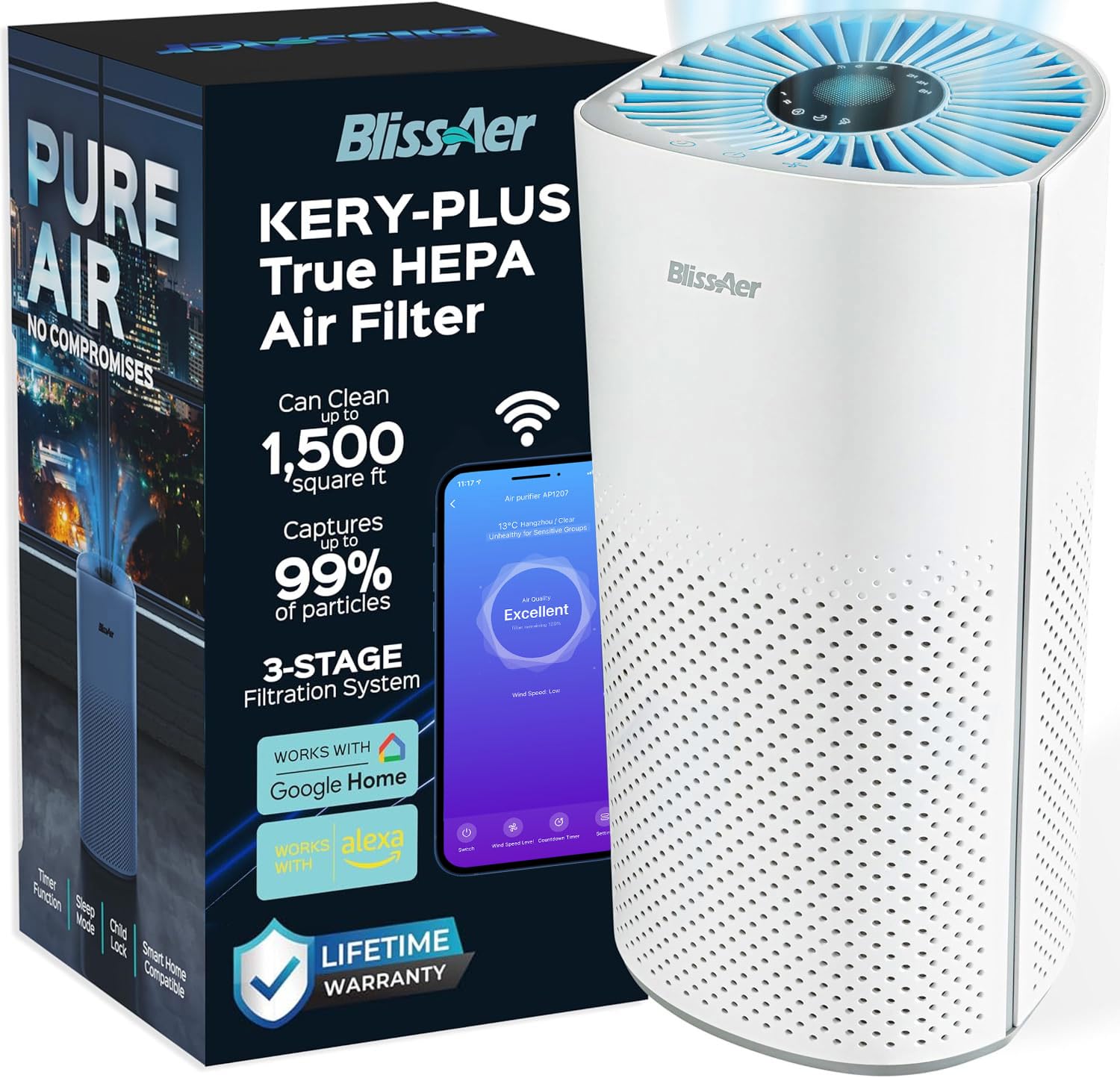 **Kery Plus Smart WiFi Air Purifier for Large Rooms up to 1500 Ft² - True HEPA Filter for Smoke, Dust, Pet Dander & Pollen - Voice Control & Sleep Mode with Air Quality Light - Perfect for Home, Bedroom & Office**