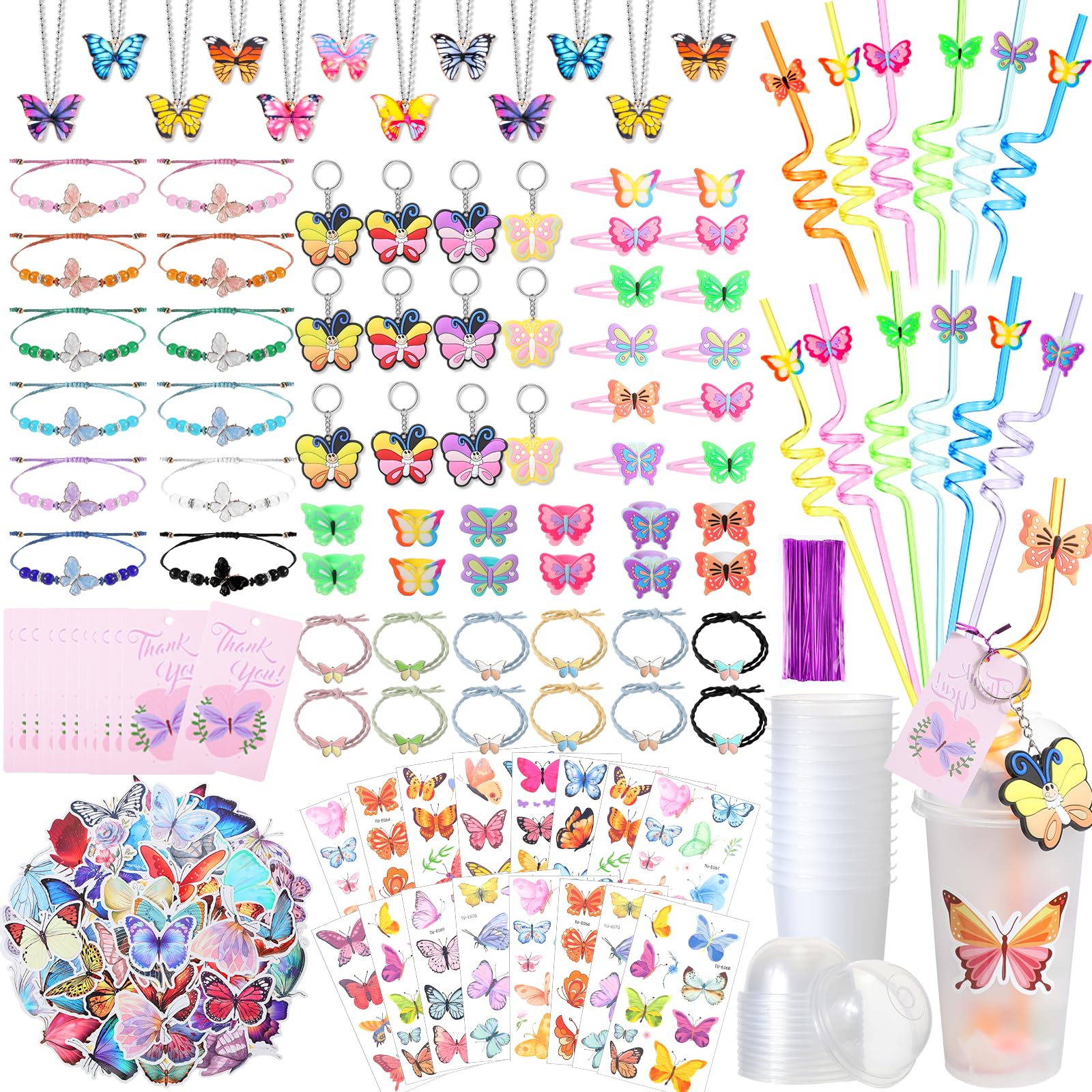 Butterfly Party Favors for Girls - 12-Piece Set with Keychains, Hair Clips, Stickers, Bracelets, Rings, Necklaces & Tattoos | Includes Plastic Cups with Dome Lids & Tags | Perfect for Kids Birthday Parties, Baby Showers & Themed Events