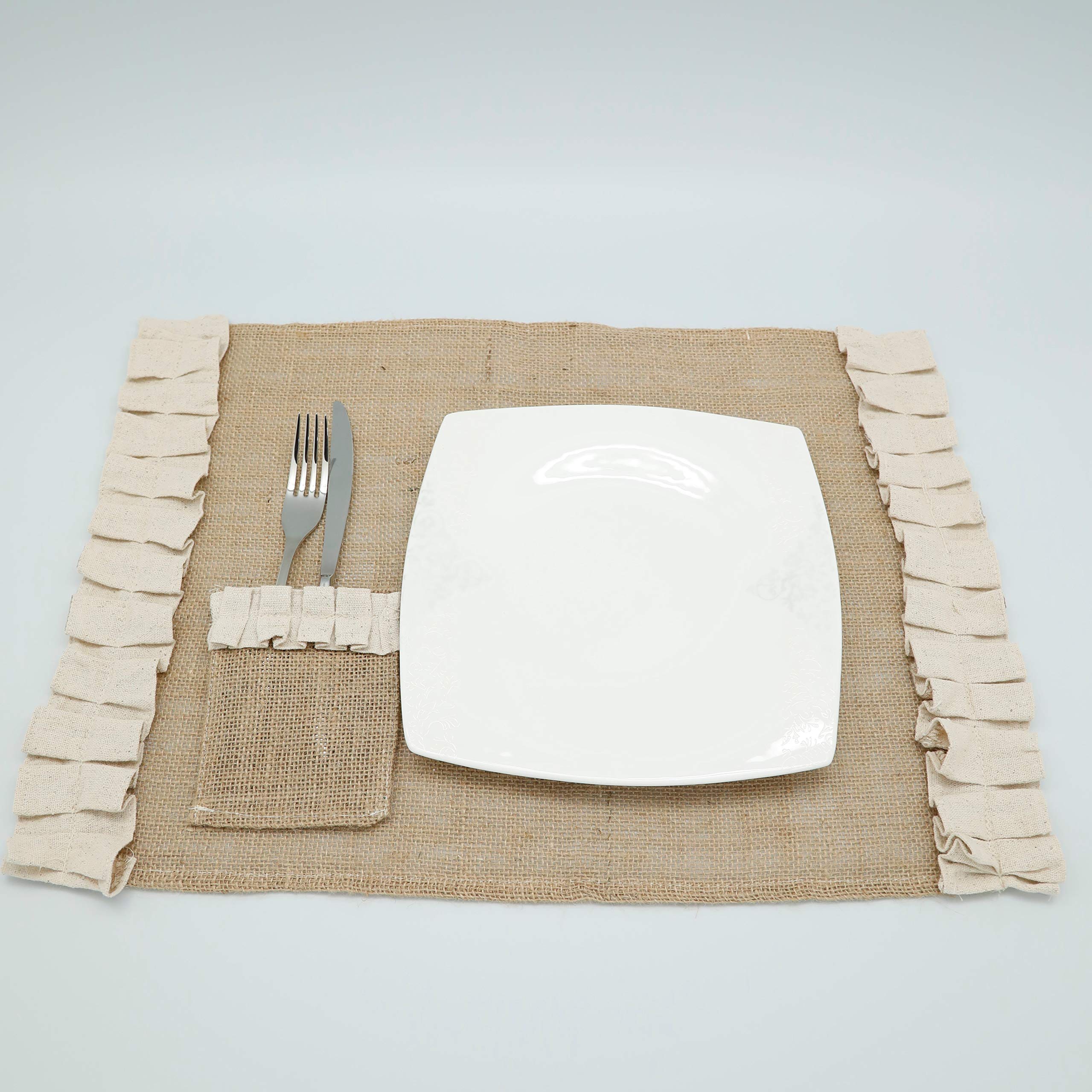 Burlap Placemats Set of 2, 4, 6, 8 - Rectangle Ruffled Farmhouse Table Mats with Utensil Pocket for Dining & Kitchen Decor | Perfect for Cottage, Rustic, and Country Style Home Dining