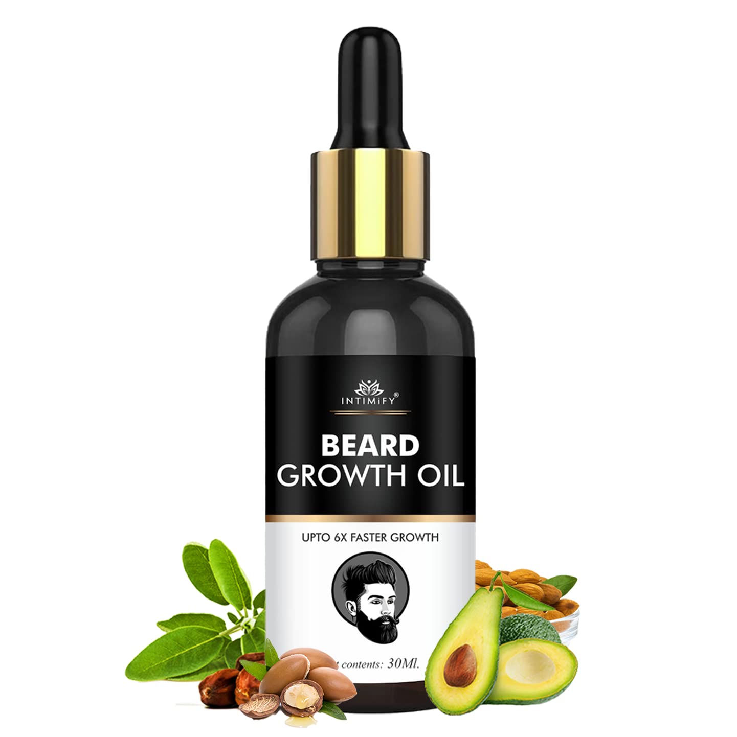 INTIMIFY Beard Growth Oil for Men - Natural Mustache & Beard Enhancer with Almond, Avocado, Argan & Jojoba Oils (30ml) - Promotes Thicker, Fuller Facial Hair Growth - Perfect for Daily Grooming & Styling Routine