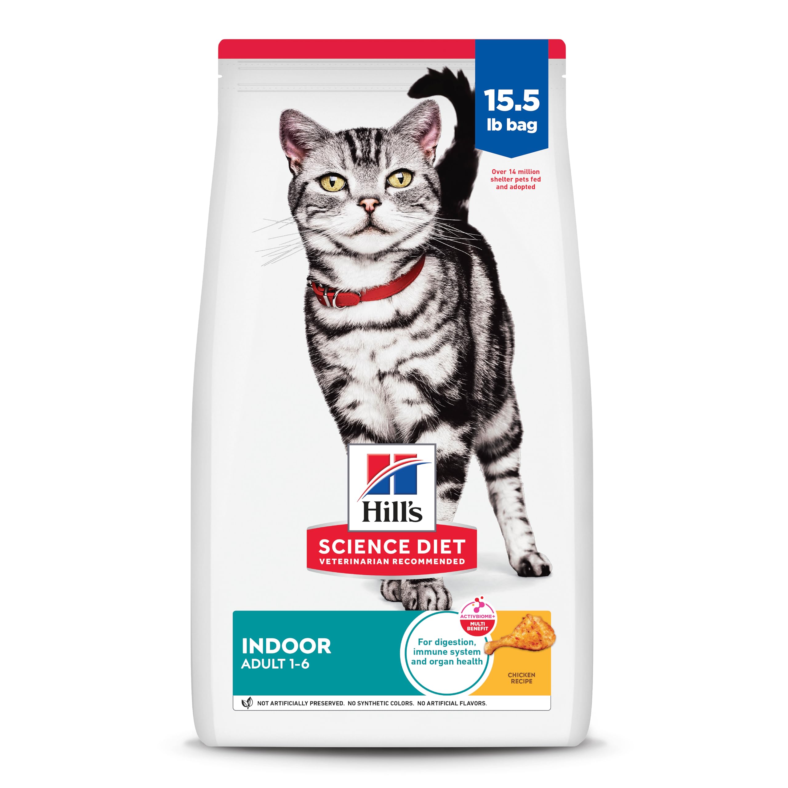Hill's Science Diet Indoor Adult Dry Cat Food - Chicken Recipe for Cats 1-6 Years, 15.5lb Bag - Promotes Easy Litter Box Cleanup & Healthy Digestion | Perfect for Indoor Cats with Sensitive Stomachs