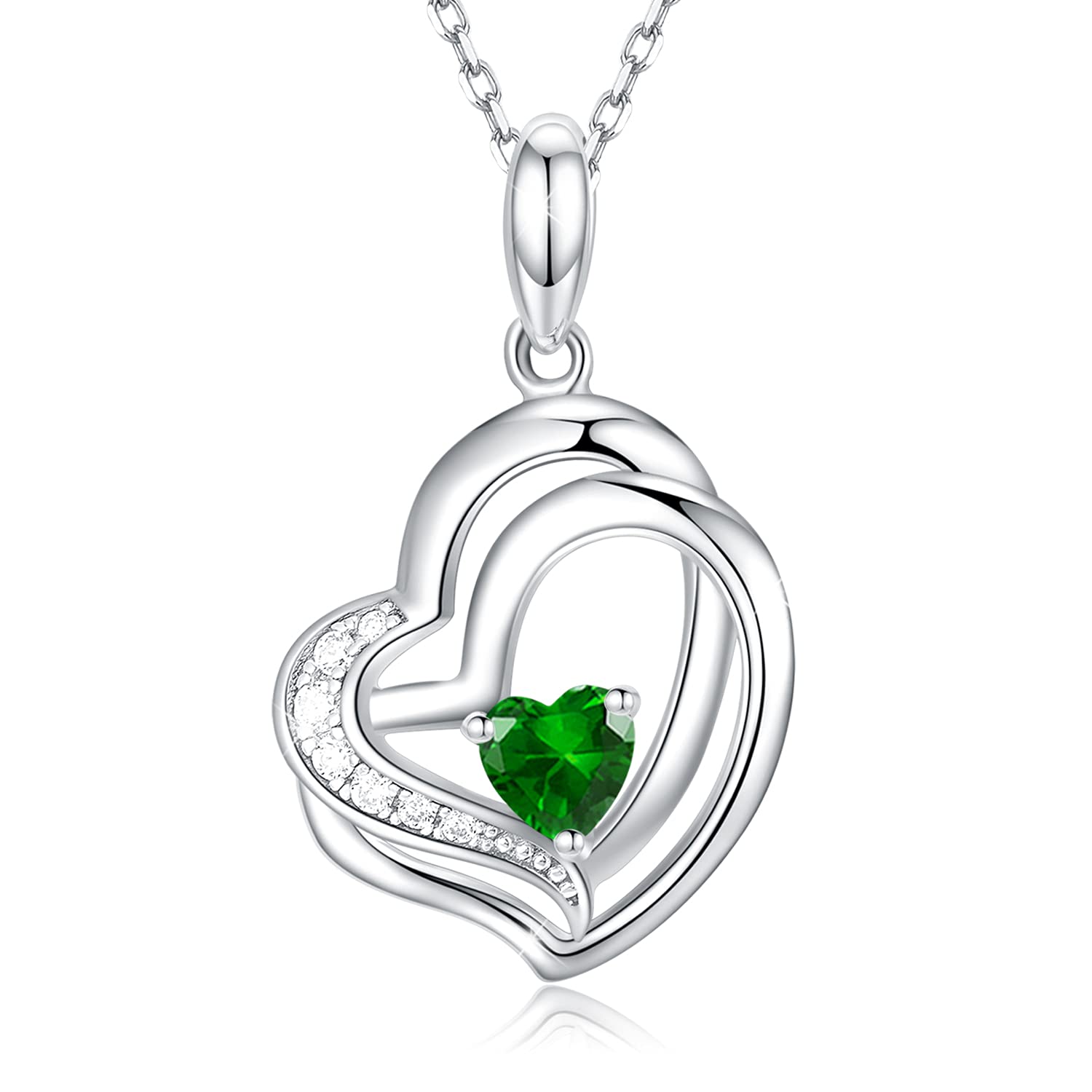 Birthstone Necklace for Women - Sterling Silver CZ Double Heart Pendant Necklace - Mothers Day Gifts for Mom, Birthday Gifts for Wife, Daughter, Teen Girls - 16