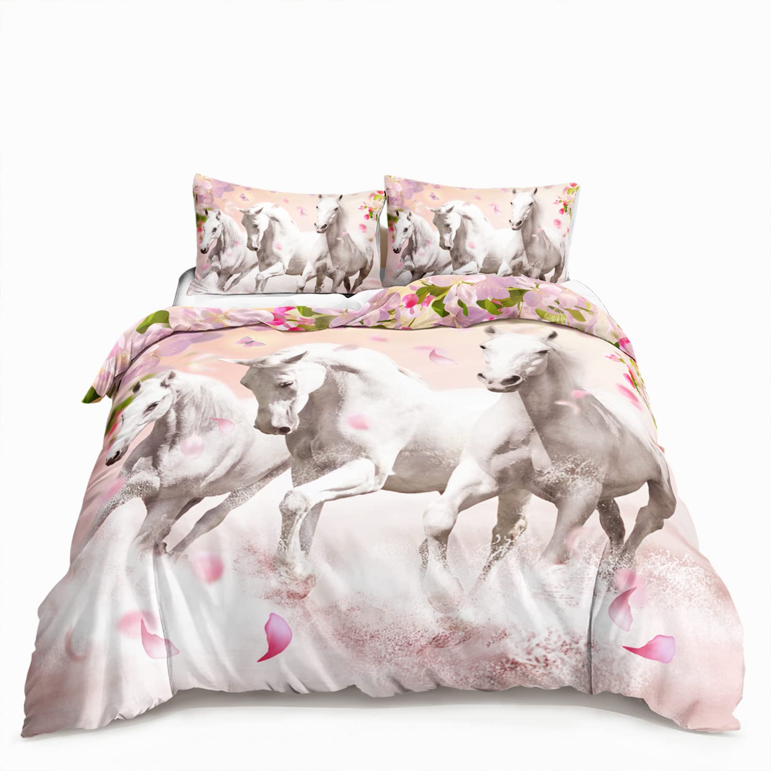 Premium Twin Size Horse & Cherry Blossoms Duvet Cover Set - 3 Piece Bedding with 1 Duvet Cover & 2 Pillowcases (No Comforter) for Girls Room Decor | Soft & Breathable Horse Print Bedding for Teen Bedrooms, Dorm Rooms & Cozy Home Decor