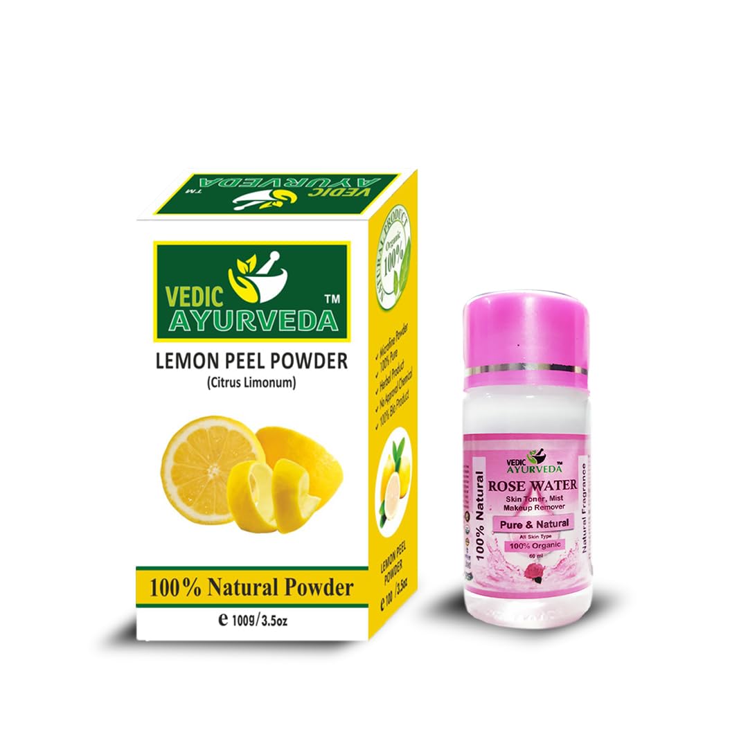 Organic Lemon Peel Powder & Rose Water Face Mask - 100g Lemon Powder + 60ml Free Rose Water - Brightens Skin, Reduces Acne & Dark Spots - Natural Skin Care for Glowing Complexion - Perfect for Daily Skincare Routine & Spa Treatments
