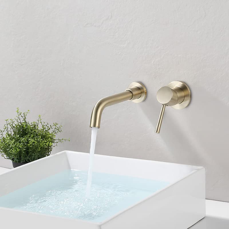 SHAUNI Brushed Gold Wall Mounted Bathroom Faucet - Single Handle Brass Vessel Sink Faucet with 360° Swivel Spout for Modern Bathroom & Powder Room Renovation