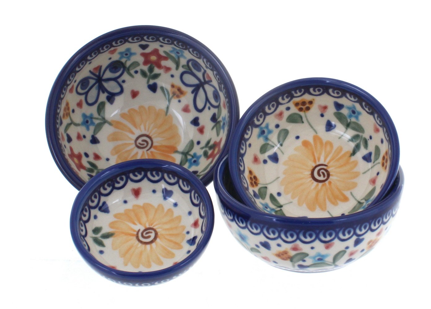 Blue Rose Polish Pottery Butterfly Measuring Bowl Set - Handcrafted Ceramic Mixing Bowls with Measurements - Perfect for Baking, Cooking & Kitchen Decor
