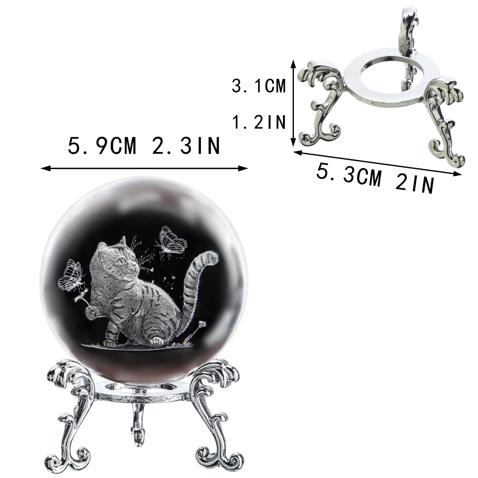 3D Crystal Cat Ball with Laser Engraved Butterflies - Glass Paperweight with Stand - Unique Home Decor & Gift for Cat Lovers - Perfect for Desk Decor, Feng Shui, and Cat-Themed Party Favors
