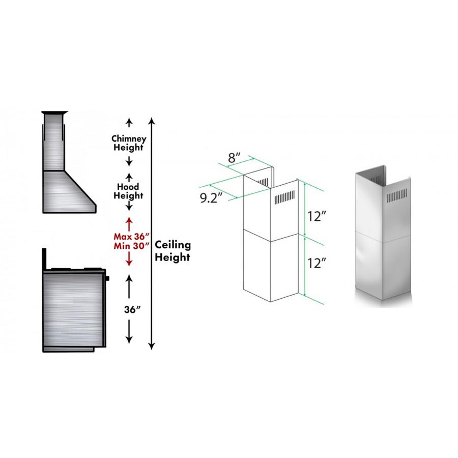 ZLINE 12-Inch Short Chimney Extension Kit for 7.4 to 8-Foot Ceilings - Compatible with KB/KL2/KL3 Range Hoods - Perfect for Kitchen Remodels & Low Ceiling Installations