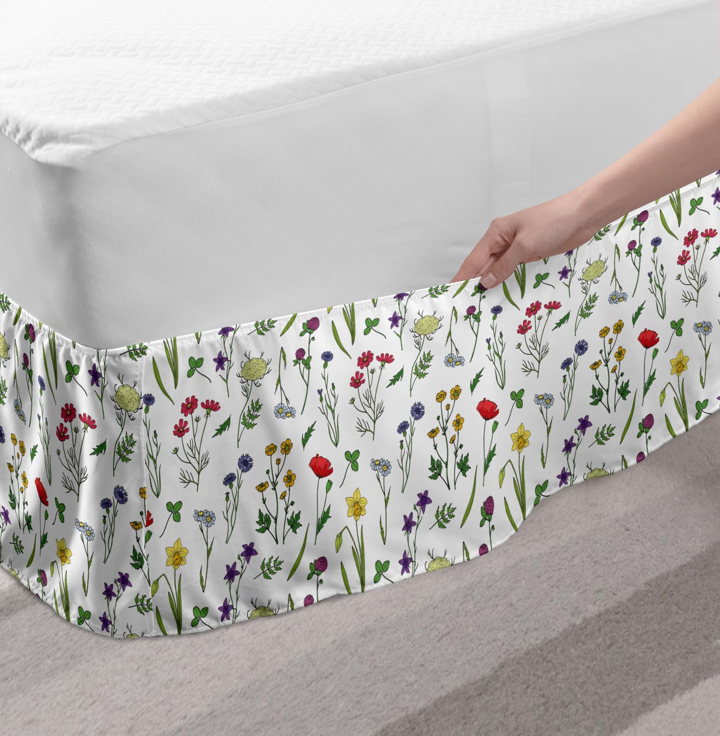 Ambesonne Floral Bed Skirt - Elastic Wrap Around Dust Ruffle with Wildflowers Botanical Design for Full Size Beds | Perfect for Spring Bedroom Decor & Home Styling