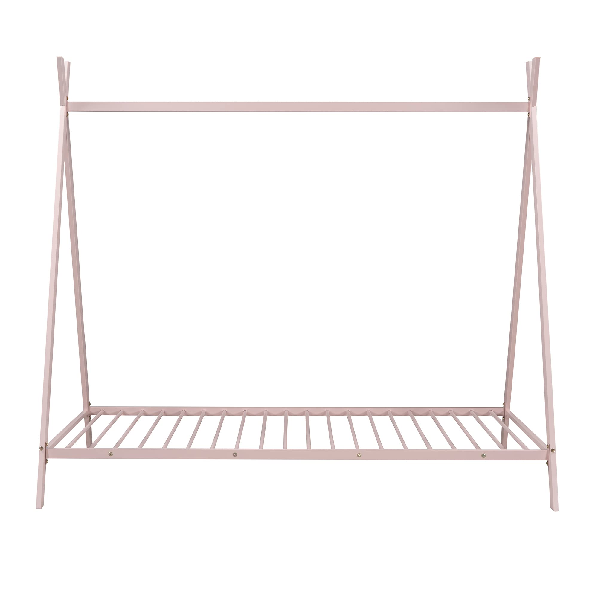 TRIPLE TREE Twin Size Metal House Bed Frame - Low Profile Floor Playhouse with Tent for Kids (Girls & Boys) | Sturdy Metal Slats Support | No Box Spring Needed | Pink Bedroom Furniture | Perfect for Playrooms, Kids' Bedrooms & Sleepover Fun