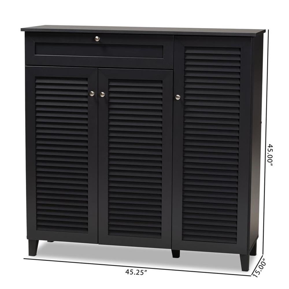 Baxton Studio Coolidge Modern 11-Shelf Shoe Storage Cabinet with Drawer - Dark Grey Wooden Organizer for Entryway, Bedroom & Closet Organization