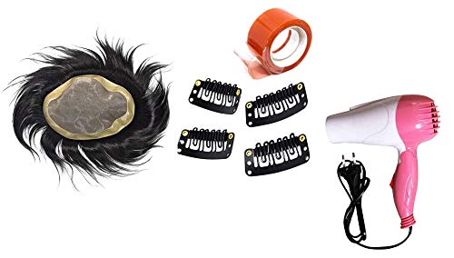 Kabello Mono Base Human Hair Wig for Men - Black 9x7 Inch - Natural Looking Toupee Hair System with Free Hair Dryer, Red Tape & 4 Wig Clips - Perfect for Daily Wear, Cosplay & Hair Loss Solutions
