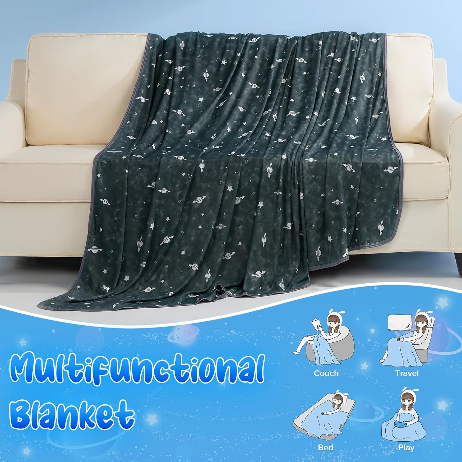 Glow in the Dark Cooling Blanket for Kids - Ultra Soft Double Sided Black Blanket with Q Max > 0.5 for Hot Sleepers - Perfect for Summer Nights, Bedtime, and Camping