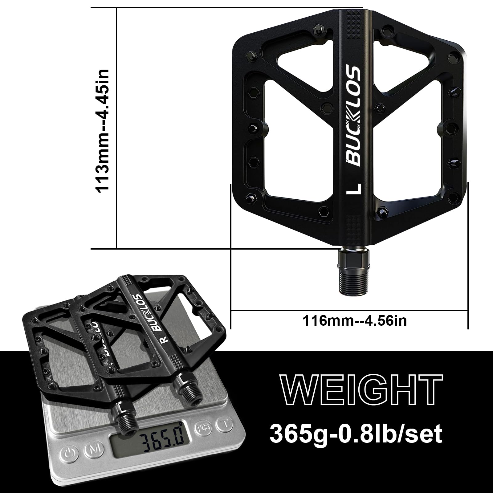 BUCKLOS MTB Pedals - Non-Slip Large Platform Mountain Bike Pedals for Adults, 9/16