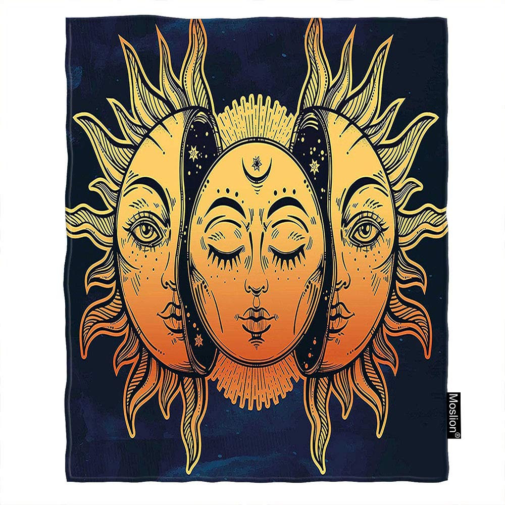Psychedelic Moon & Sun Throw Blanket - King Size 60x80 Inch Flannel Blanket in Golden Dark Blue for Sofa, Bed & Couch - Cozy Soft Blanket for Women & Men - Perfect for Home Decor, Camping & Gift Giving
