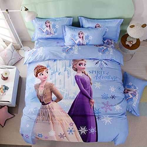Jacoble Casa 100% Cotton Frozen Elsa & Anna Princess Kids Bedding Set - 4 Piece Queen Size (Duvet Cover, Pillowcases, Fitted Sheet) for Girls' Room Decor | Disney Themed Bedroom Accessories | Perfect for Birthday Gifts & Kids' Bedroom Makeover