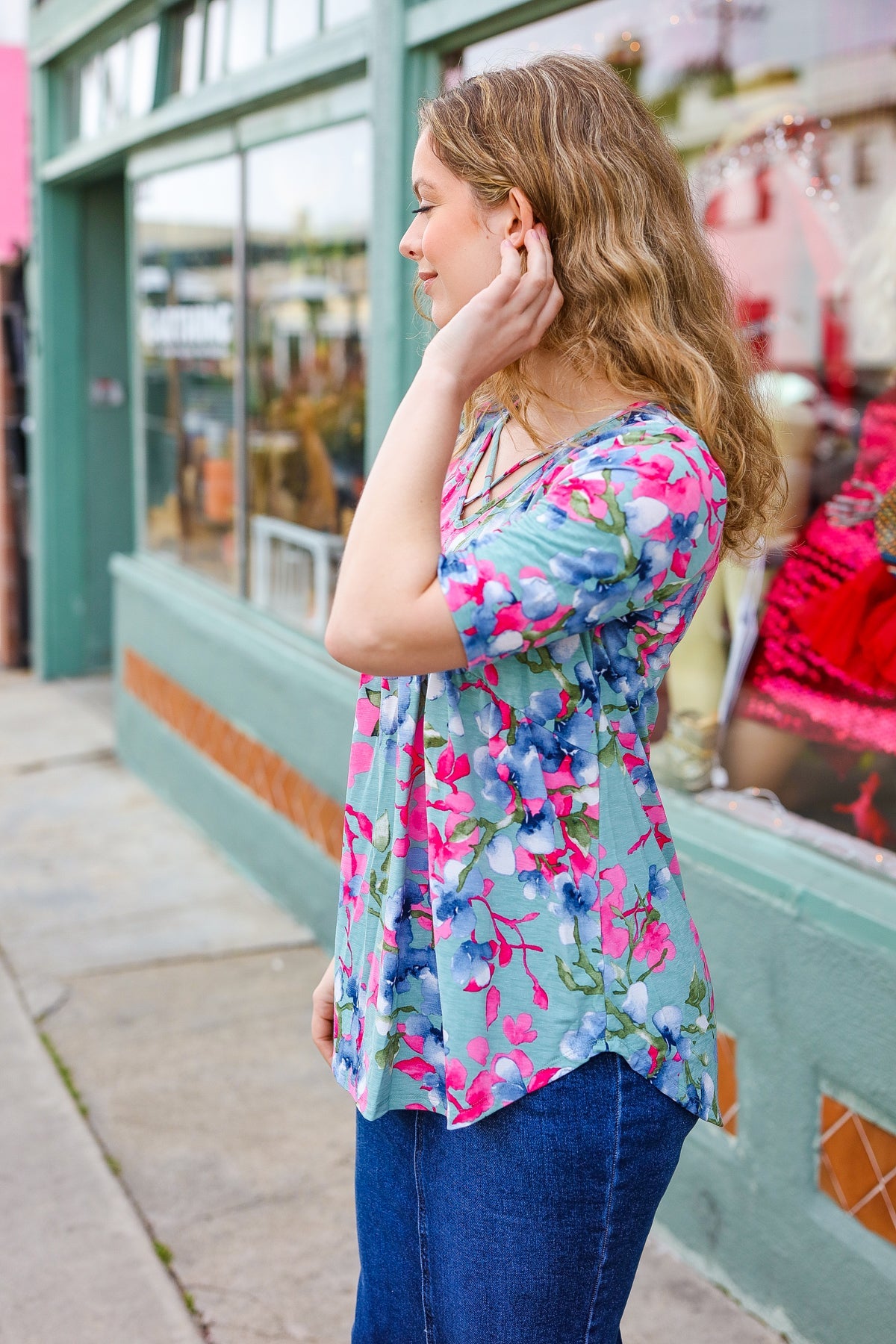 Hayzel Sunny Days Light Teal Floral Criss Cross V Neck Babydoll Top - Women's Summer Casual Blouse for Beach, Date Night & Vacation Outfits
