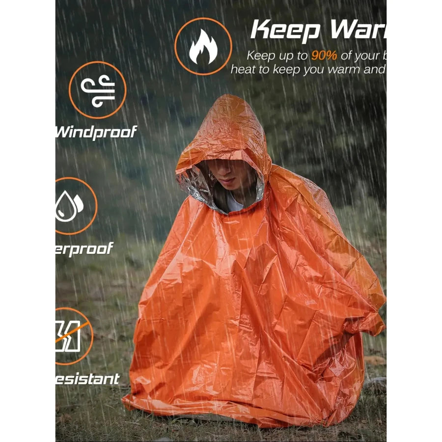 Emergency Thermal Rain Poncho - Waterproof & Windproof Survival Gear for Hiking, Camping & Outdoor Adventures - Lightweight & Compact for Emergency Kits