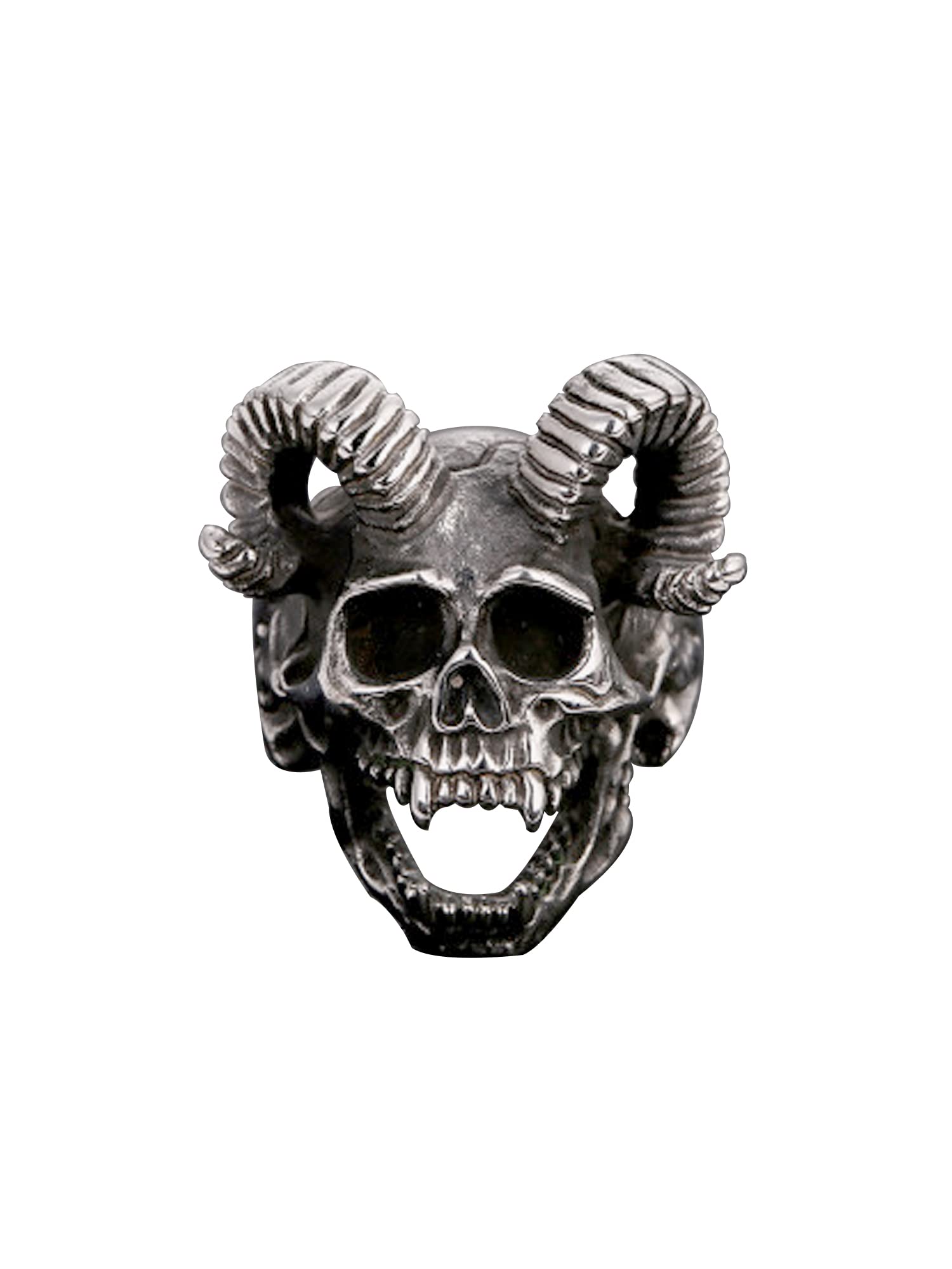 Seven Seas Pirates Ram Horns Devil Skull Ring - Silver Stainless Steel Gothic Biker Jewelry with Sharp Teeth - Perfect for Halloween Costumes, Motorcycle Riders & Punk Fashion Accessories