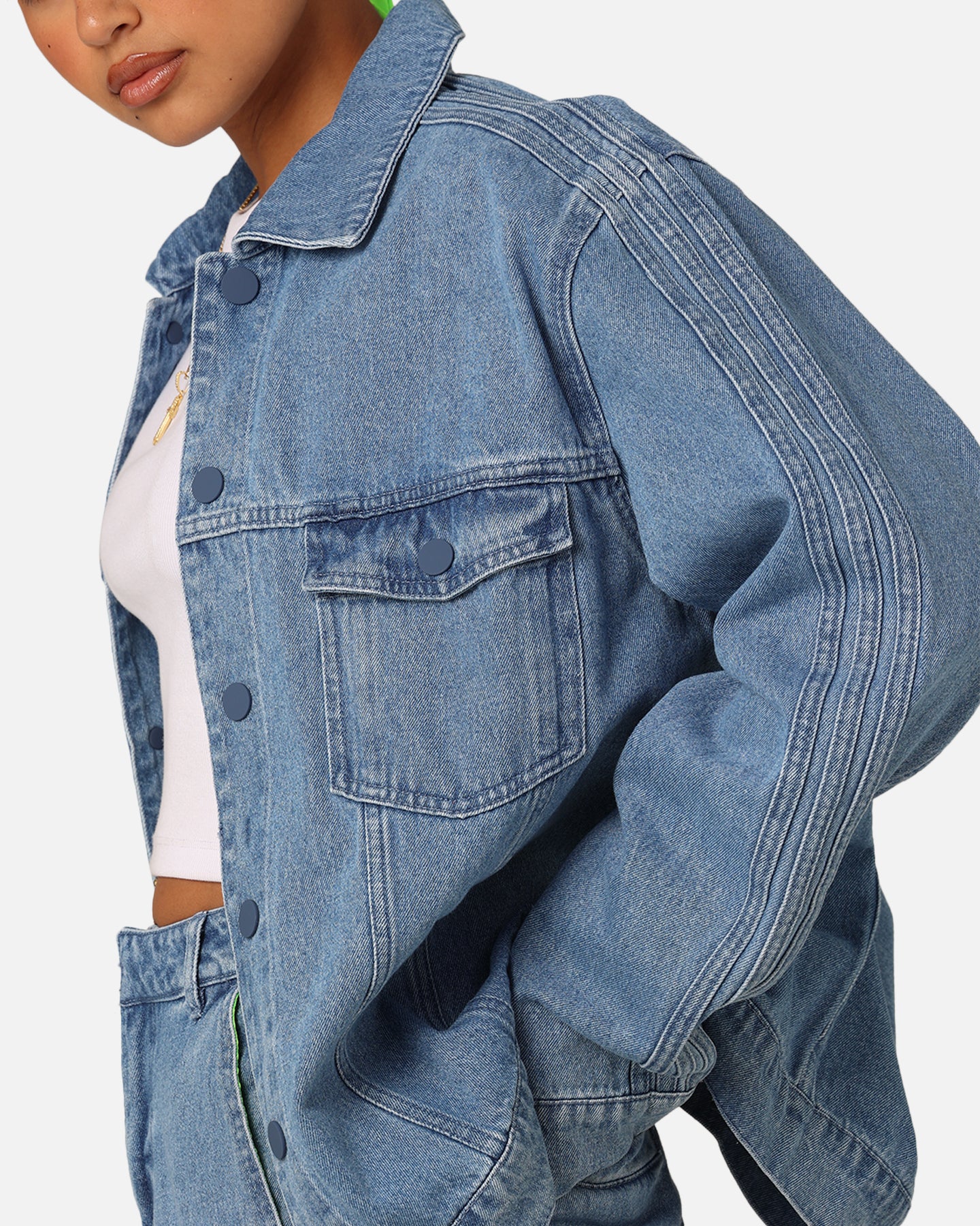 Adidas X KSENIASCHNAIDER Women's Light Blue Denim Jacket with 3 Stripes - Stylish Streetwear for Casual Outings & Fashion Events