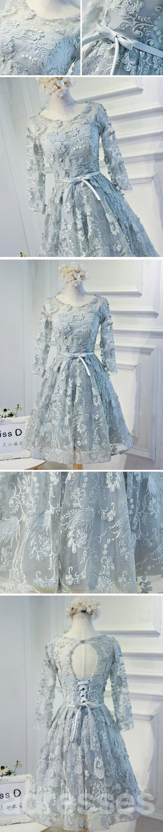 Elegant Long Sleeve Grey Lace Modest Prom Dress for Homecoming | Affordable Short Party Dress | Perfect for Formal Dances, Weddings & Special Occasions | CM296