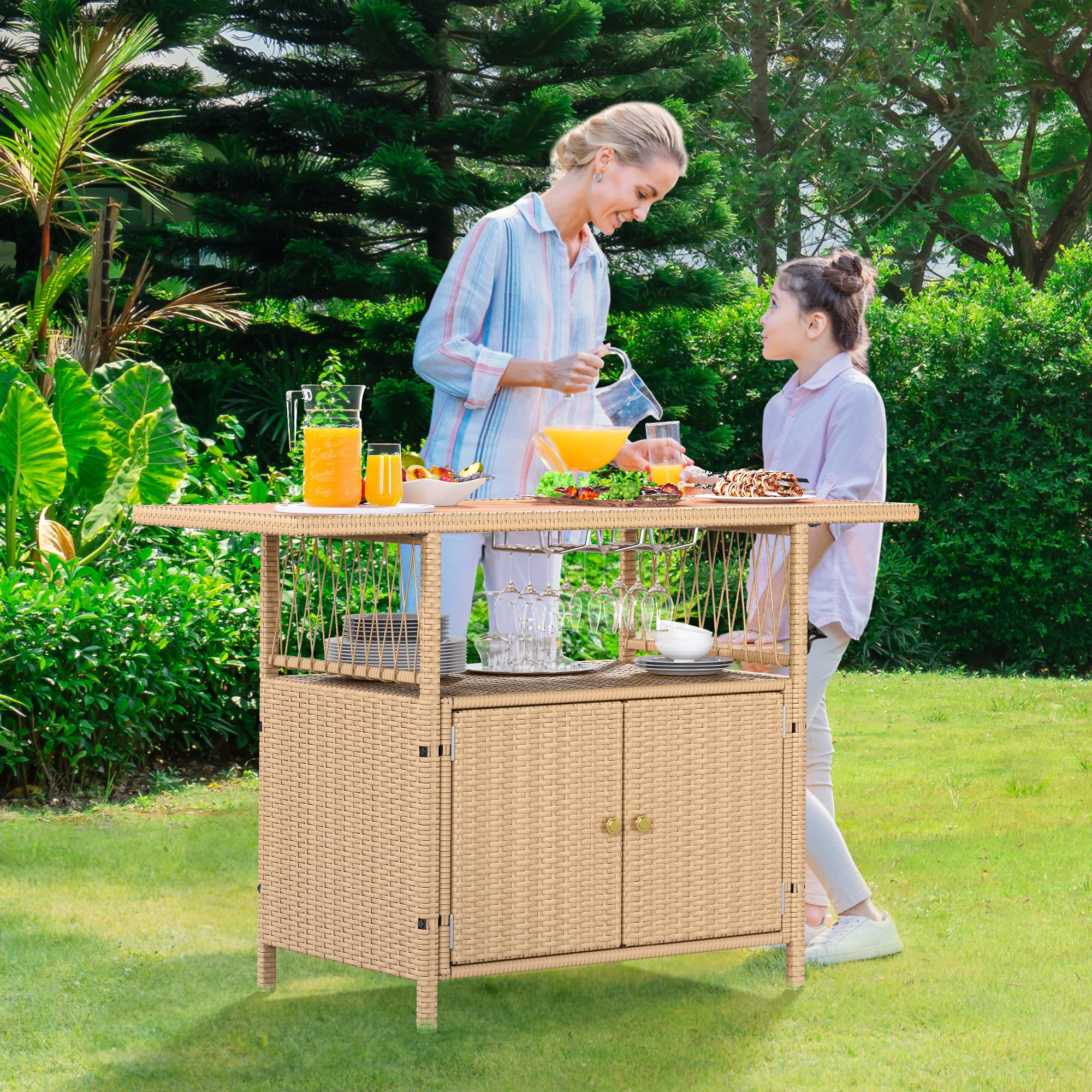 YITAHOME XL Outdoor Storage Cabinet - Weather-Resistant Patio Wicker Bar Table with Plastic Wood Tabletop, Wine Glass Holders & Built-in Bottle Opener, Light Brown - Perfect for Backyard, Deck, Poolside & Outdoor Entertaining