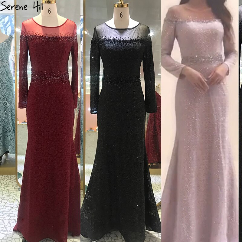 Serene Hill Mermaid Wine Red O-Neck Evening Gown 2025 - Long Sleeve Beaded Luxury Formal Dress LA70730 for Prom, Gala & Special Occasions