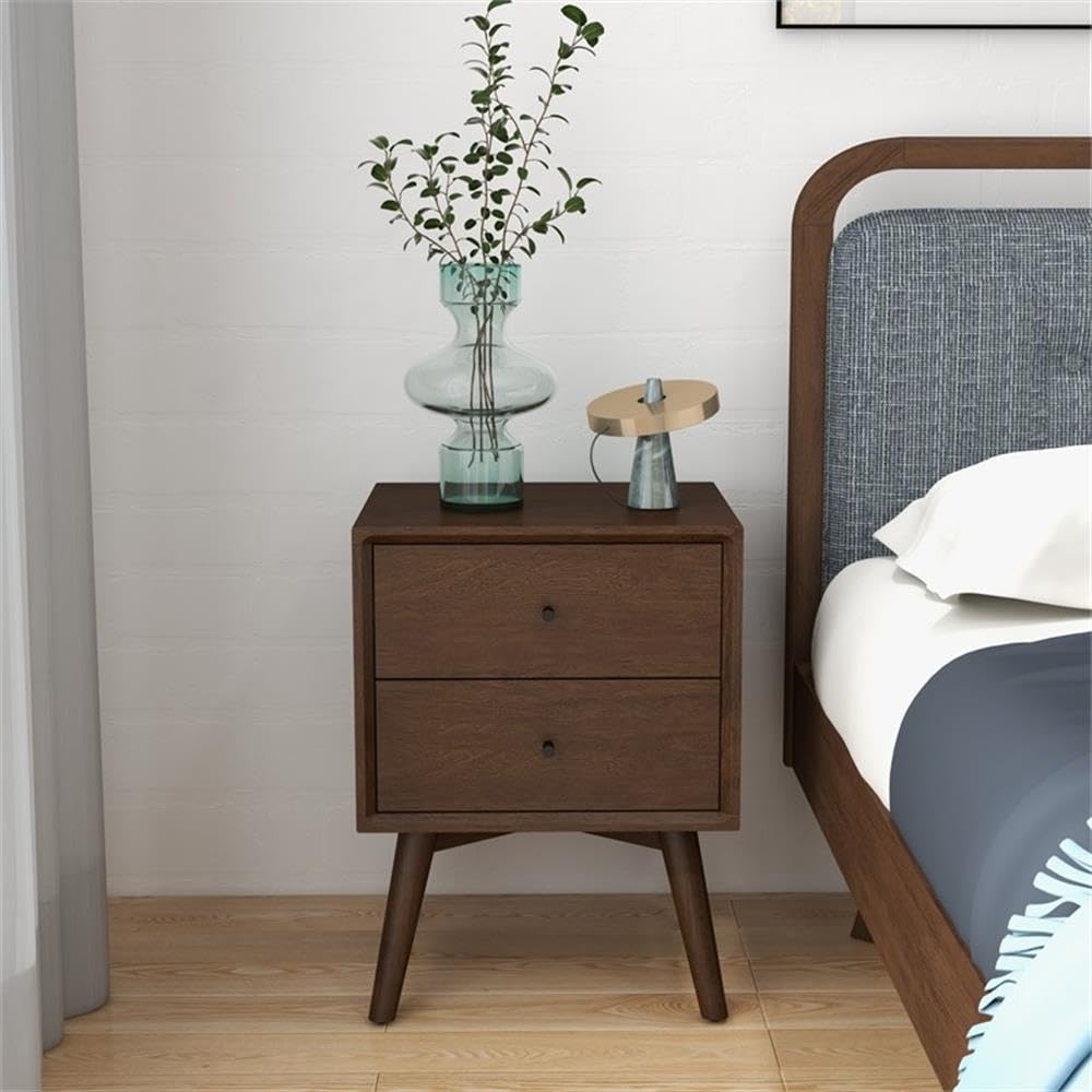 Allora Mid-Century Modern Solid Wood 2-Drawer Nightstand - Brown Finish Bedside Table for Bedroom, Living Room & Guest Room Storage