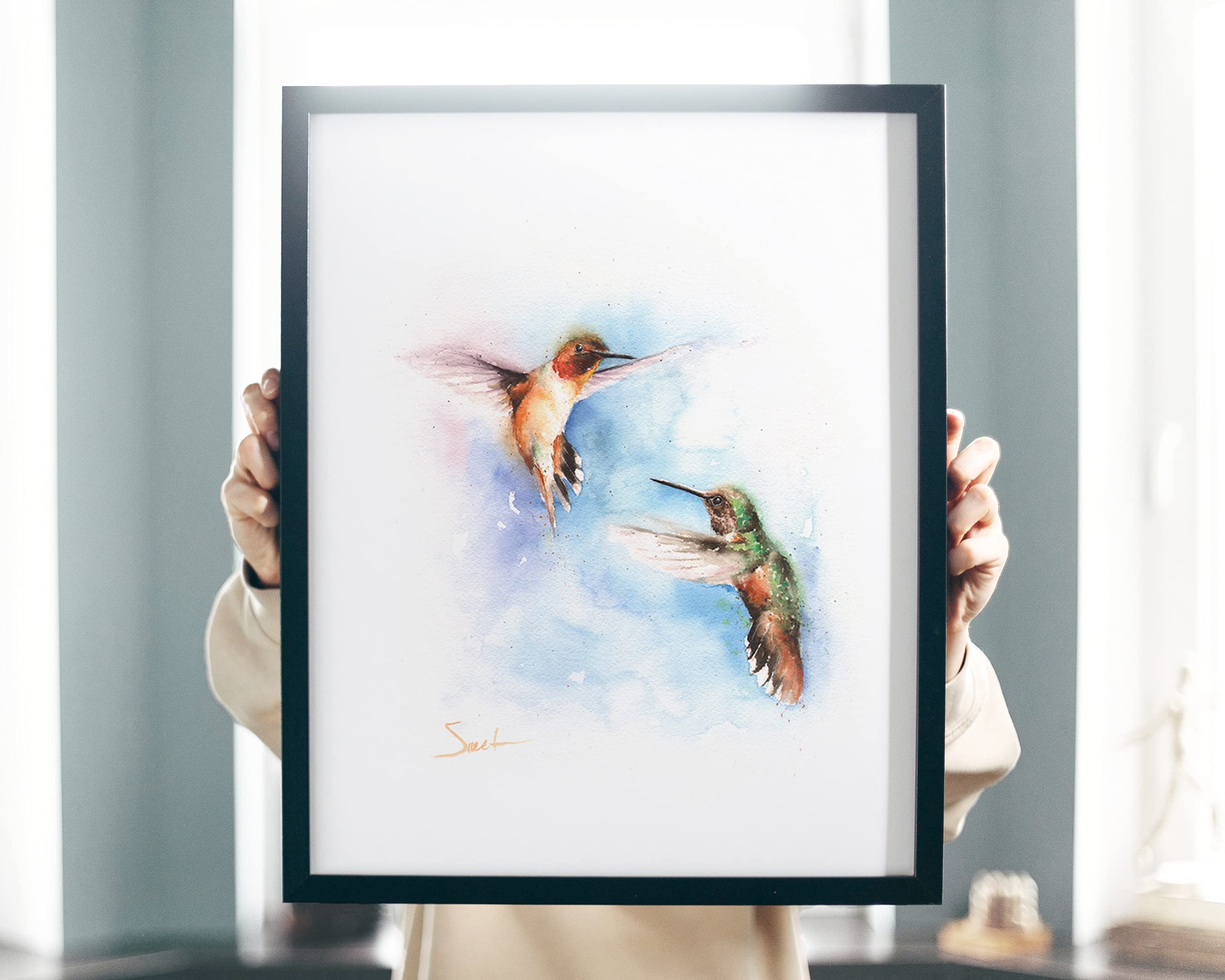 Two Rufous Hummingbirds Wall Art Print by Eric Sweet | Vibrant Orange Bird Painting for Home Decor, Living Room & Office | Nature-Inspired Marmalade Hummingbird Artwork