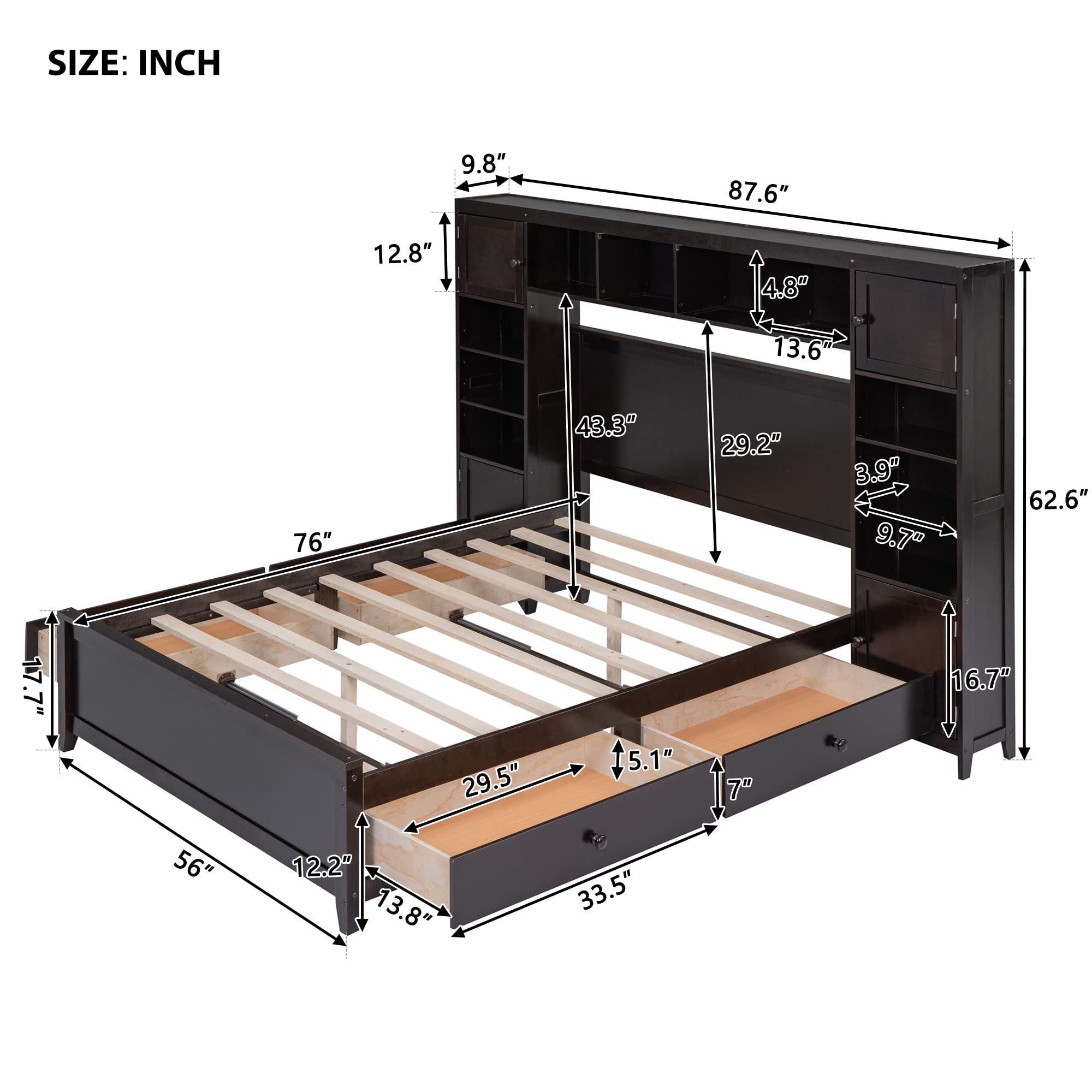 Full Size Wooden Platform Bed Frame with Storage Drawers, Cabinet & Shelves - All-in-One Panel Bed with Headboard & Slats Support (No Box Spring Needed) - Espresso Finish - Perfect for Small Bedrooms, Guest Rooms & Space-Saving Solutions