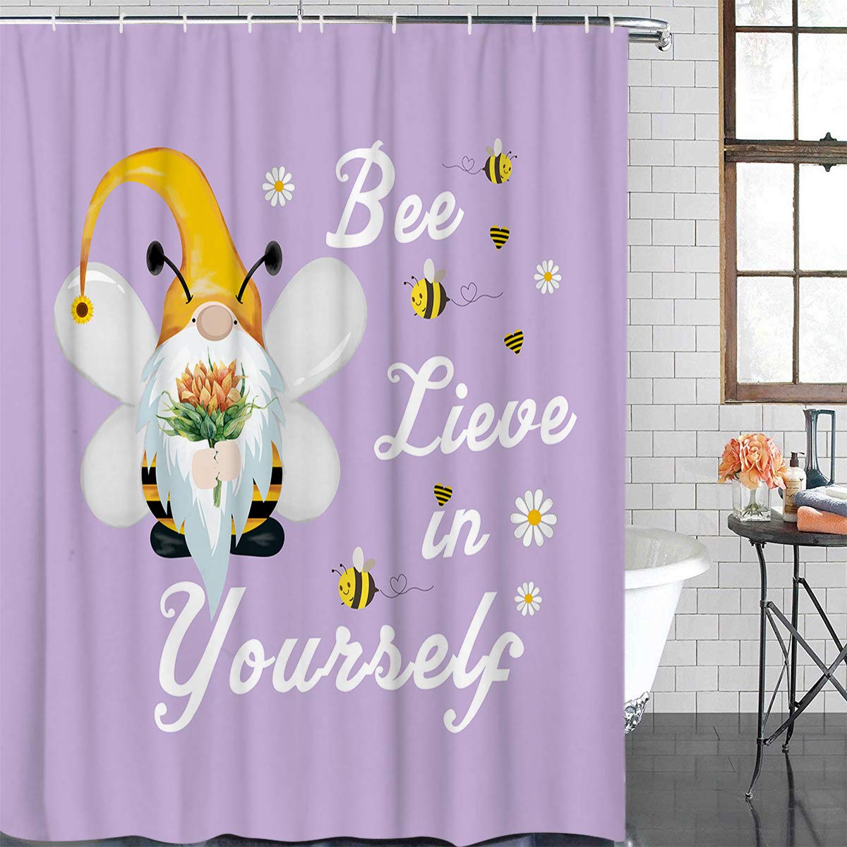 Waterproof 72 Inch Long Bee Lieve in Yourself Gnomes Sunflower Purple Polyester Shower Curtain with Hooks - 60