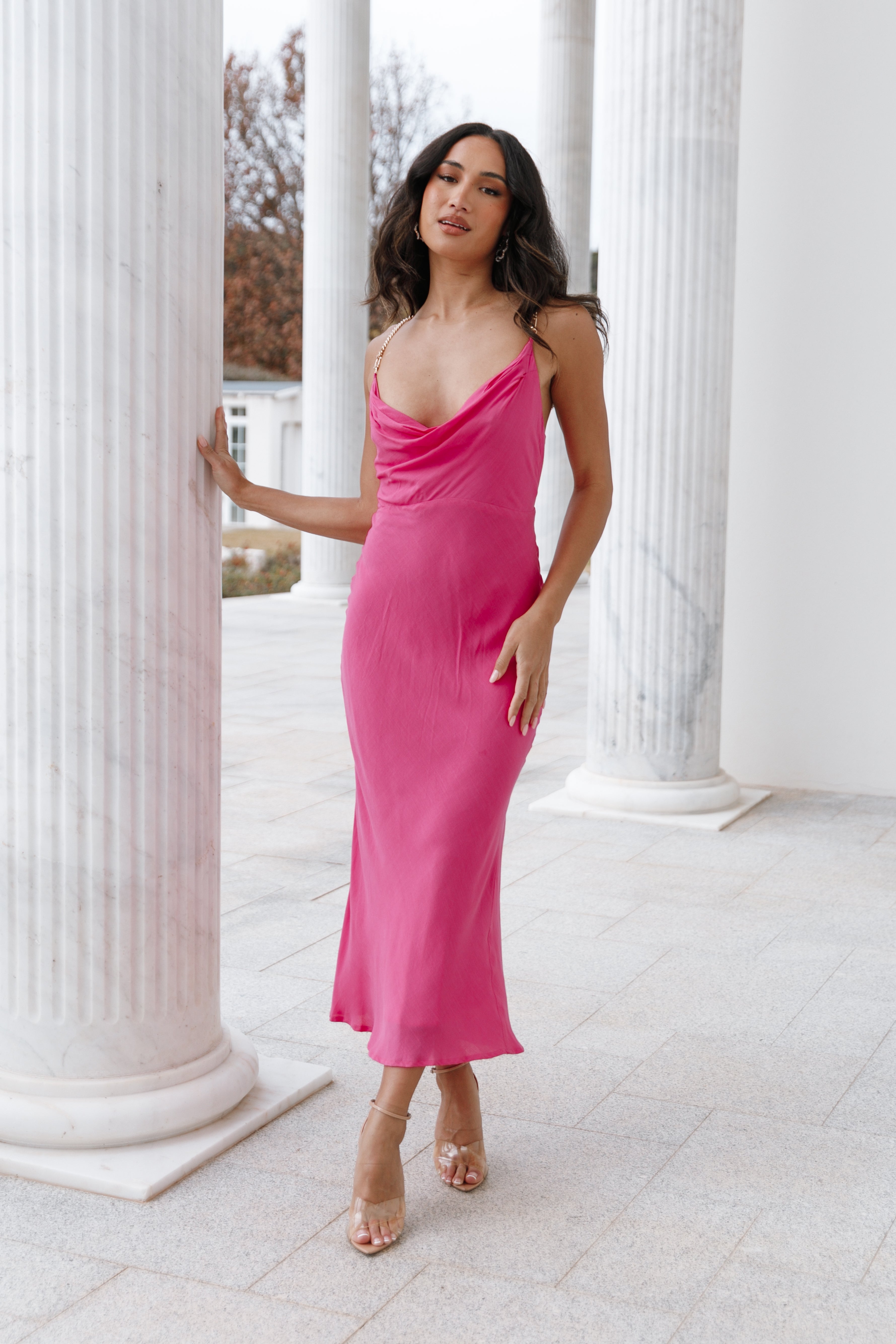 Khaleesi Slip Midi Dress for Women - Flowy Pink Summer Dress with V-Neck & Adjustable Straps | Perfect for Beach, Party & Date Night Outfits