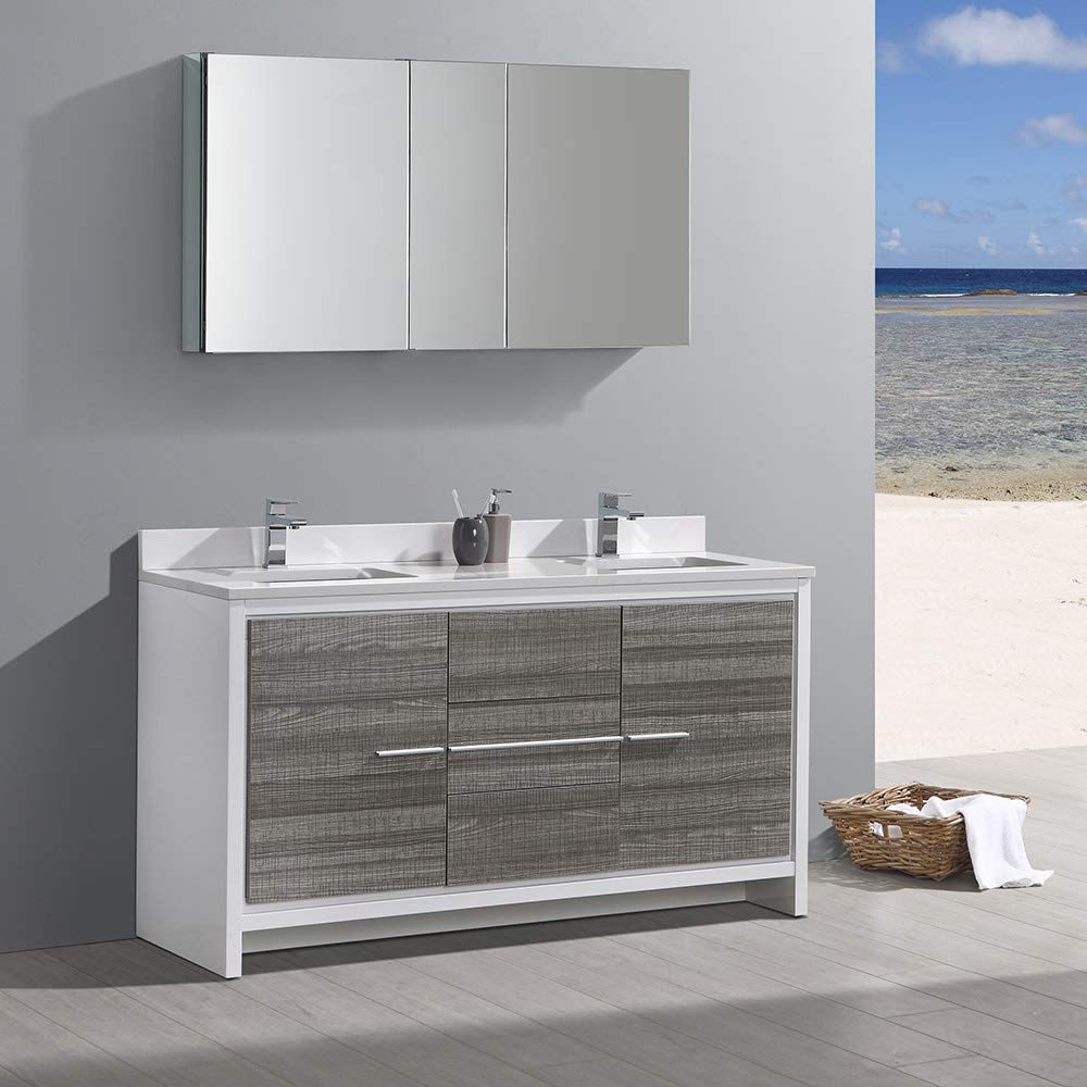 Fresca Allier Rio 60 Inch Modern Bathroom Vanity with Double Sink & Medicine Cabinet in Ash Gray - Perfect for Master Bathrooms and Guest Suites