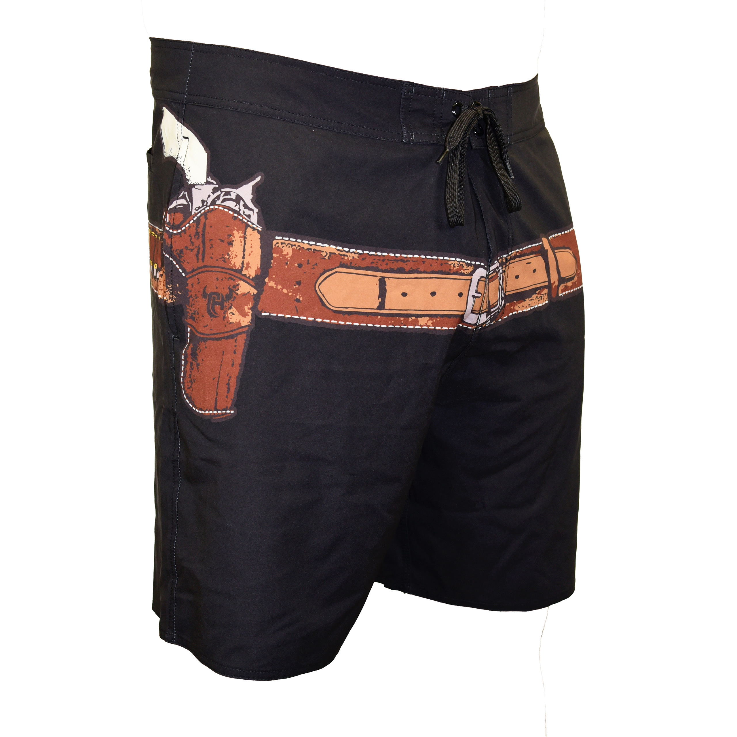 Men's Black Cowboy Western Gun Belt Design Board Shorts - Perfect for Beach, Pool, and Summer Outdoor Activities
