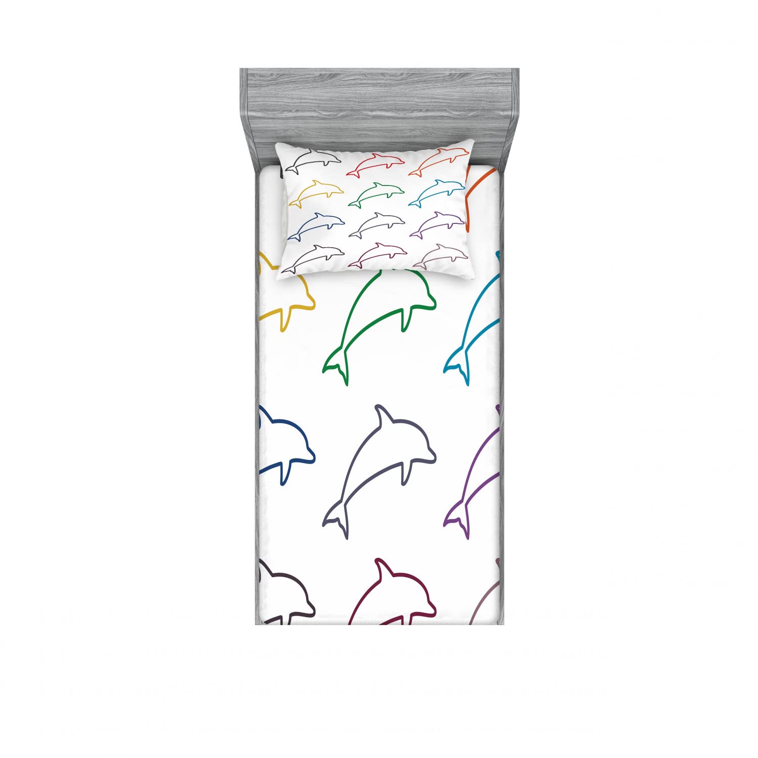 Ambesonne 2-Piece Abstract Dolphin Print Twin Fitted Sheet & Pillow Sham Set - Vibrant Multicolor Ocean-Themed Bedding Decor for Kids & Teens Rooms - Includes 2 Twin Fitted Sheets & 2 Standard Pillowcases - Perfect for Beach House, Dorm Room or Coastal Decor Theme