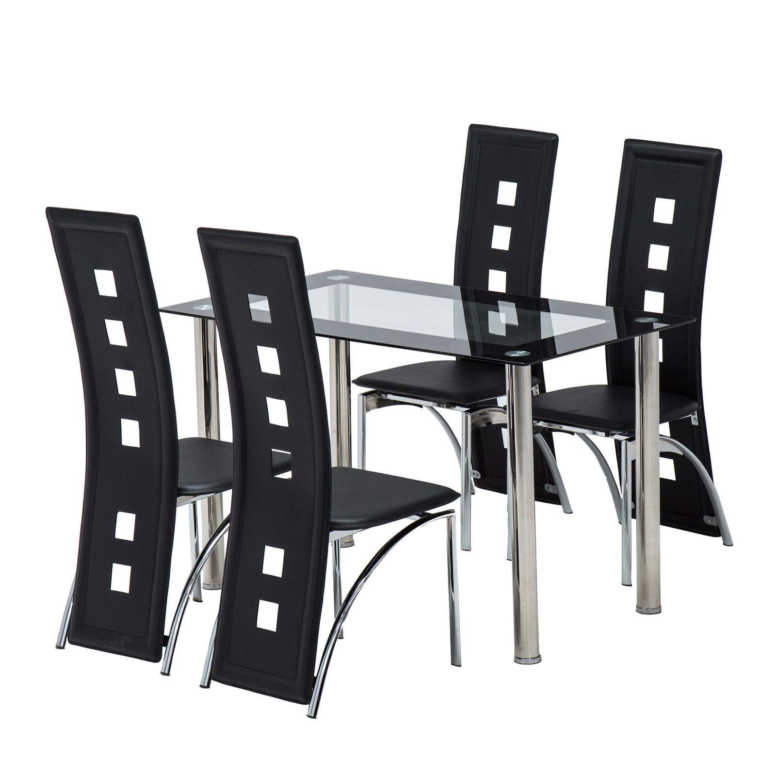 Manoch 5-Piece Tempered Glass Dining Table Set with 4 Chairs - 8mm Thick Glass & Stainless Steel Frame - Modern Kitchen Breakfast Room Furniture (43.3