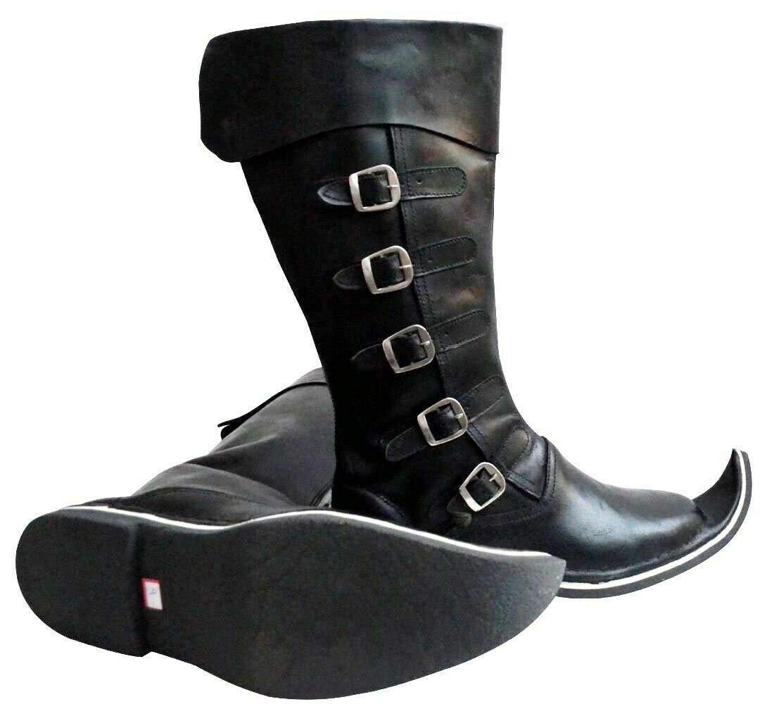 AnNafi 5 Buckle Medieval Leather Boots for Men - Renaissance Pirate Costume Boots, Halloween Cowboy Boots in Black (Large) - Perfect for LARP, Cosplay, and Historical Reenactments