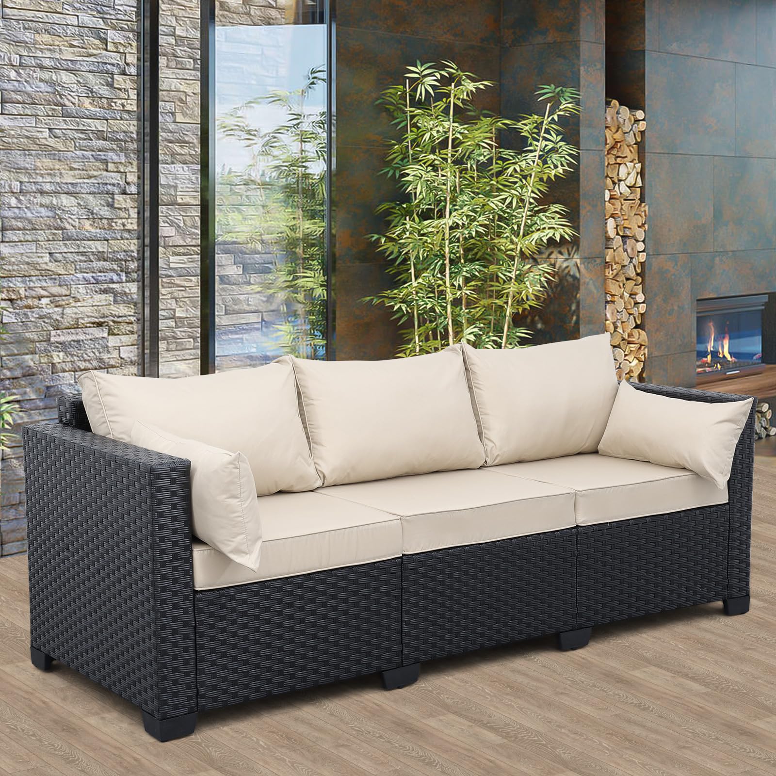 Valita 3-Seat Outdoor Rattan Sofa Set - Black PE Wicker Patio Loveseat with Washable Khaki Cushions - Perfect for Garden, Backyard, Poolside & Balcony Relaxation
