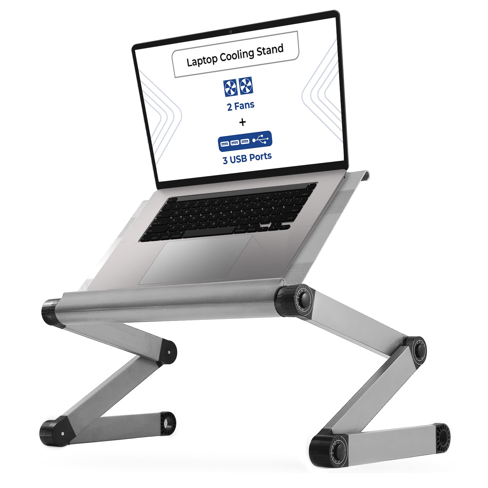 WorkEZ Executive Adjustable Laptop Stand with Cooling Fans & USB Ports - Ergonomic Foldable Portable Computer Riser for Home & Office Desk (Silver) | Perfect for Work, Gaming & Study with Enhanced Airflow & Device Charging